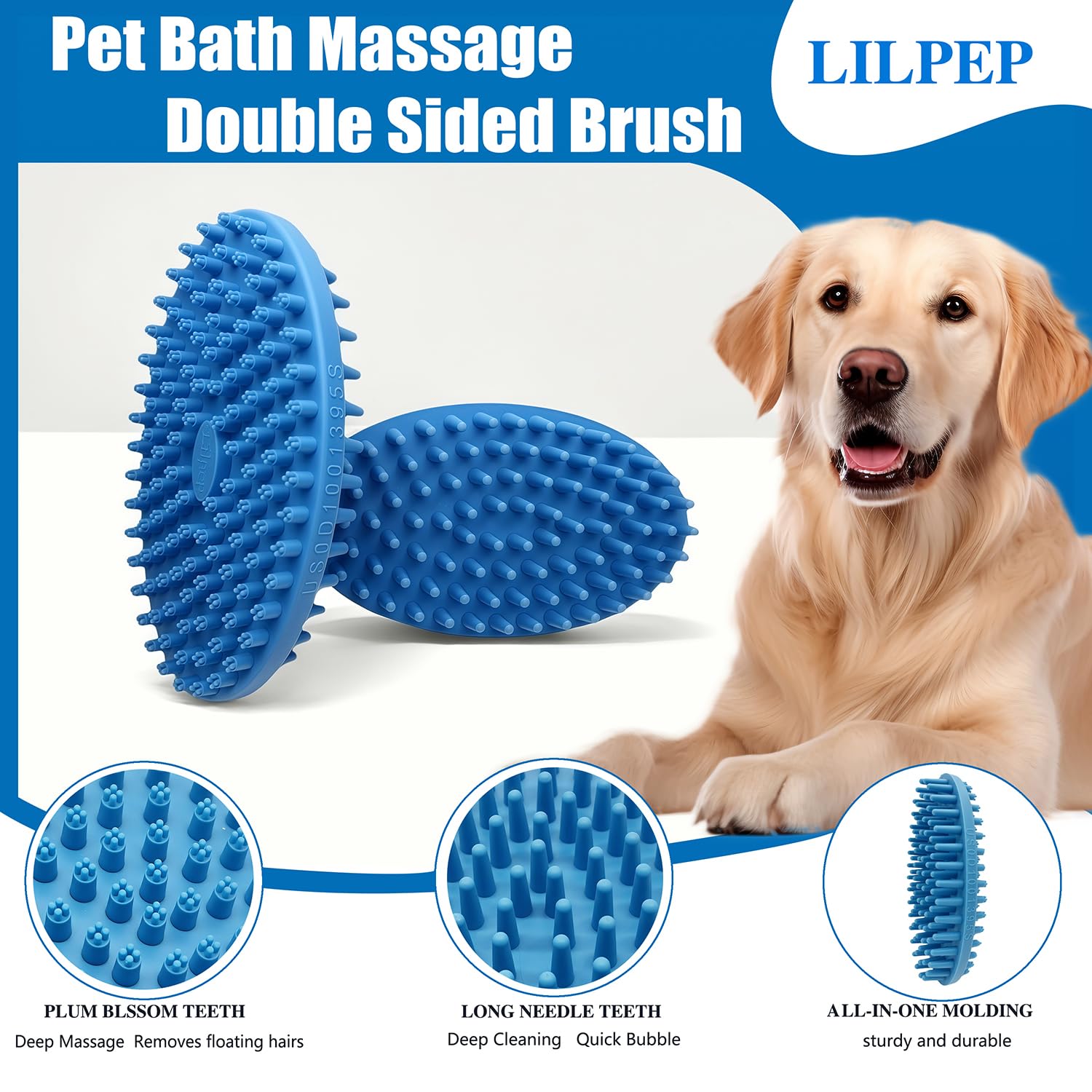 Dog Grooming Brush, Lilpep Pet Shampoo Bath Brush Soothing Massage Rubber Comb With Adjustable Ring Handle For Long Short Haired