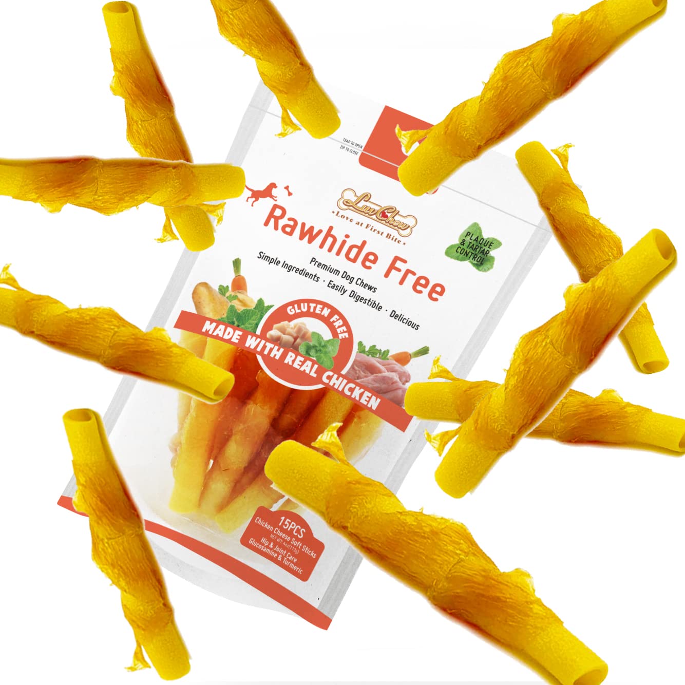 LuvChew Chicken Wrapped Dog Bone Treat Sticks with Glucosamine & Turmeric, Easy to Digest, Non-Rawhide Soft Chicken Cheese Dog C