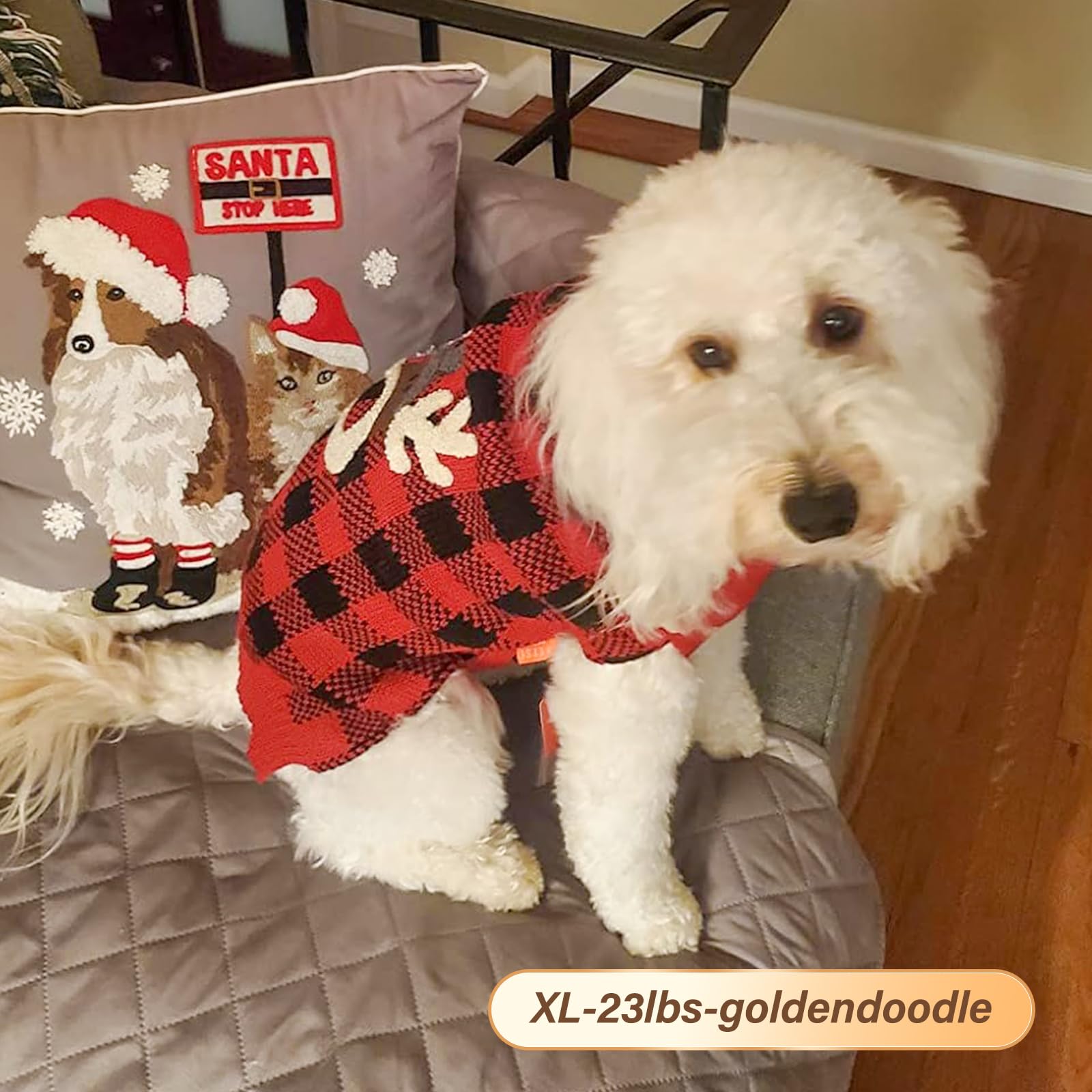 Kyeese Dog Sweater Reindeer With Leash Hole Dog Sweaters Red Buffalo Check Pet Sweater,Xl