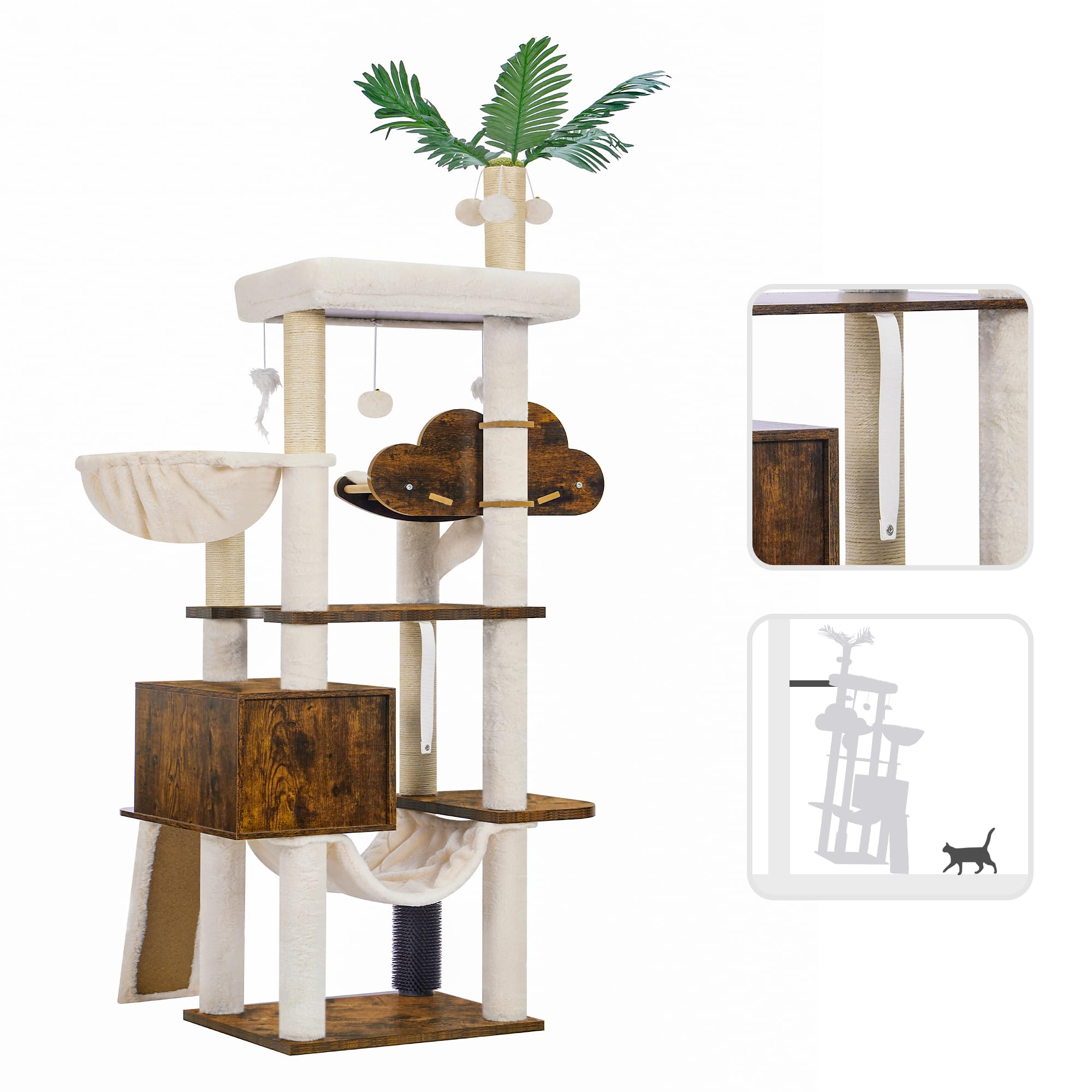 Hebly Wood Cat Tree For Indoor Cats, Cat Condo For Large Cats With Self Groomer,Modern Cat Scratching Tower With Basket,Hammock,
