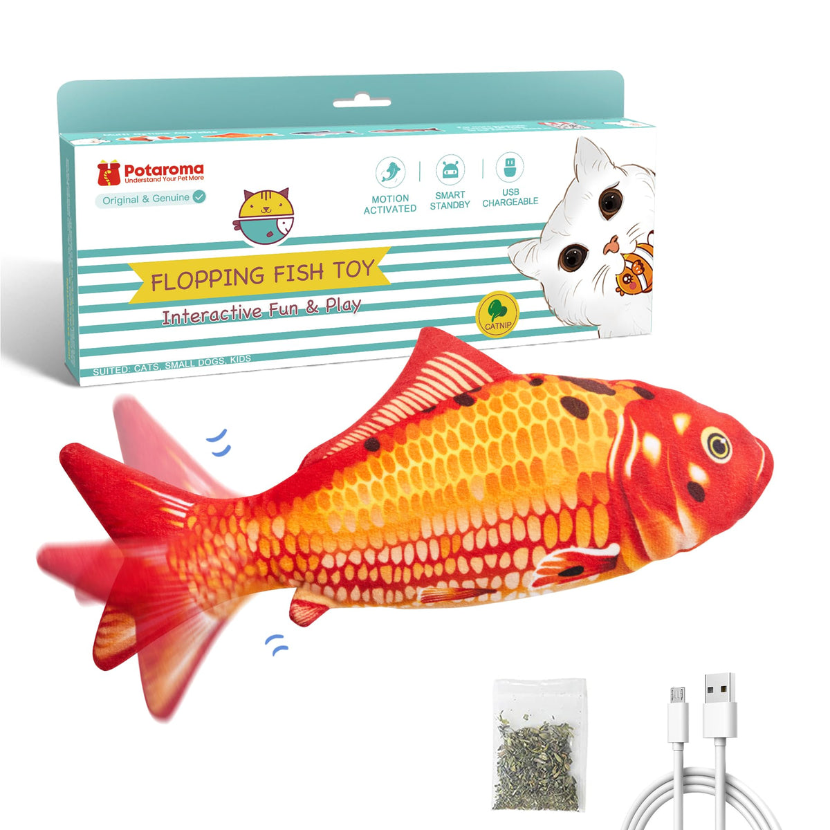 Potaroma Floppy Fish Cat Toy, Interactive Flopping Moving Fish Toy, Catnip & Silvervine Enrichment, Kitten Kicker Exercise Toys 