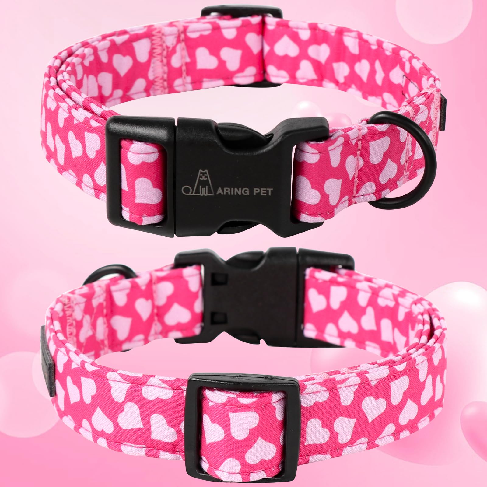 Aring Pet Valentine'S Day Dog Collar-Cotton Pink Heart Dog Collars, Adjustable Valentine Heart Pet Collars Puppy Collar With Qui