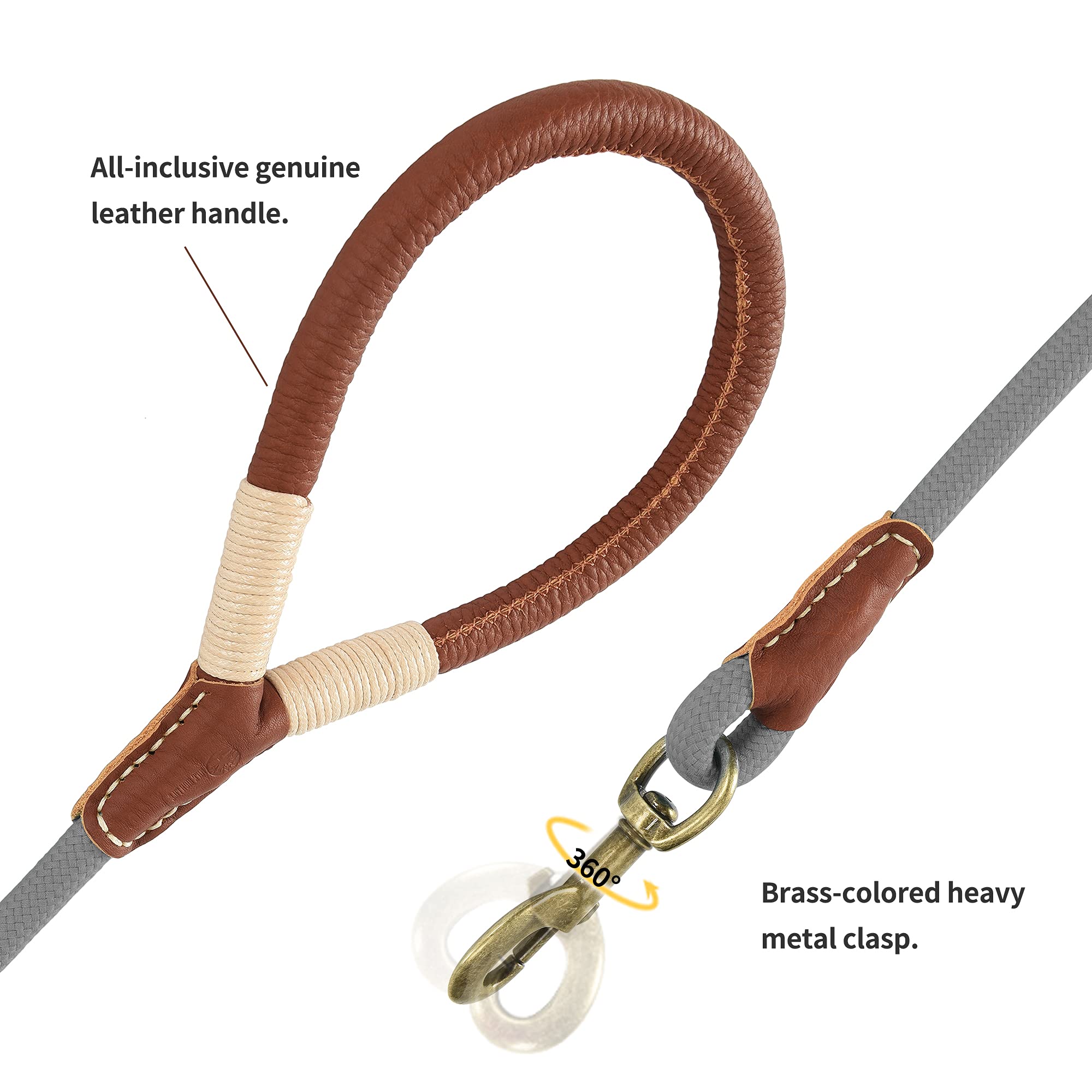 Mile High Life | Premium Leather Dog Leash | Strong Rope Dog Leash | Leather Handle | Heavy Duty Clasp | Small Medium Large Dogs | Diameter 1/2' (Grey, 6 Feet)