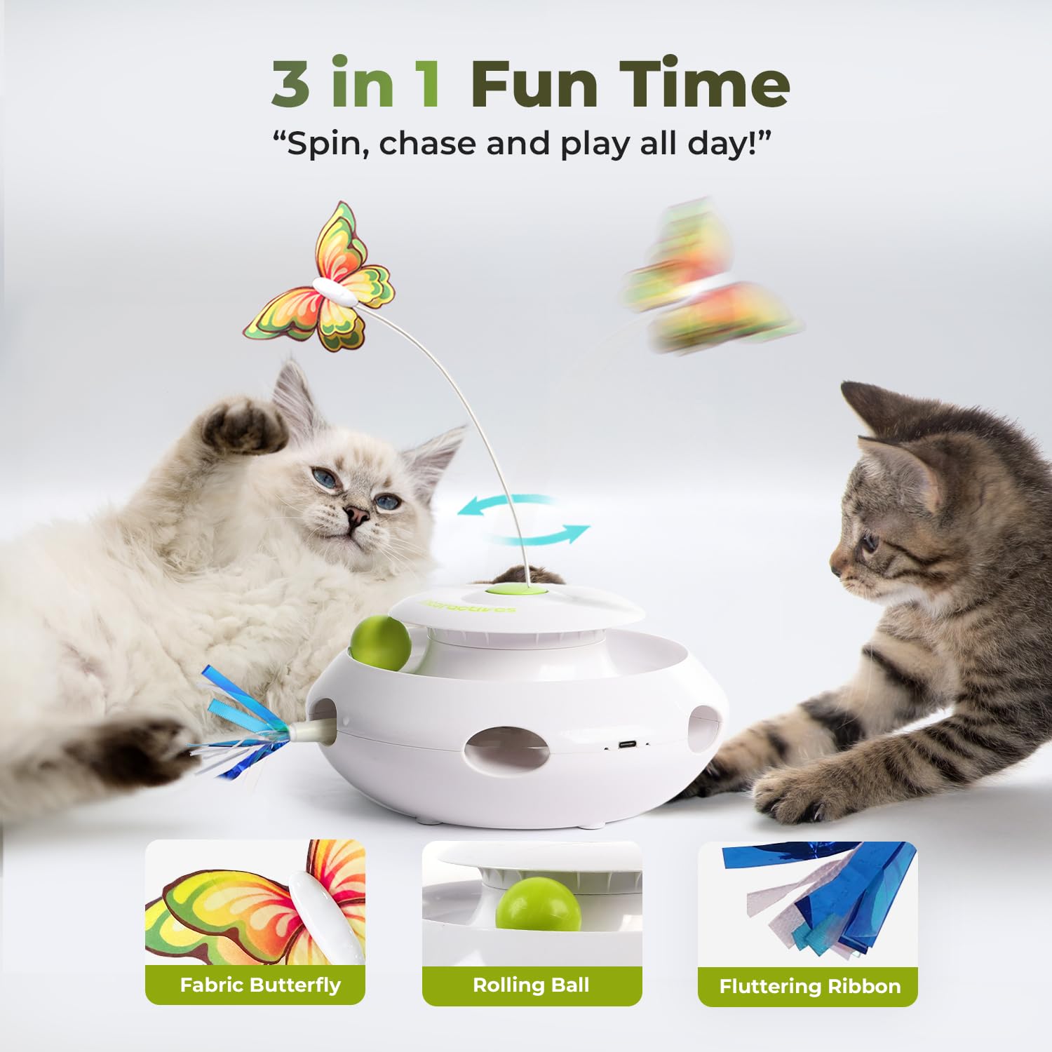 All For Paws 3 In 1 Interactive Cat Butterfly Flutter Toy With Rolling Balls And Popping Feather Toy Automatic Spinner - Mental