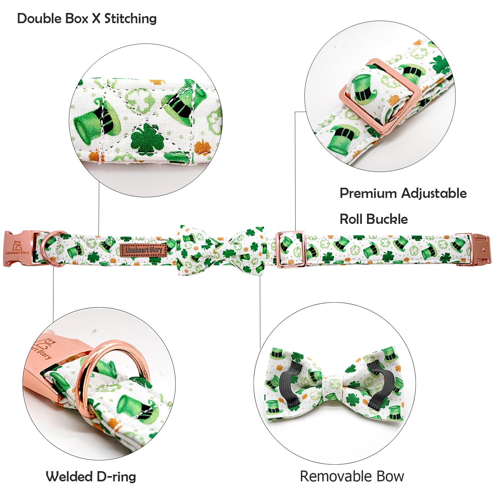 Lionheart Glory St. Patrick'S Day Dog Collar - Adjustable Green Collar With Lucky Clover Shamrock Bow For X-Small Dogs