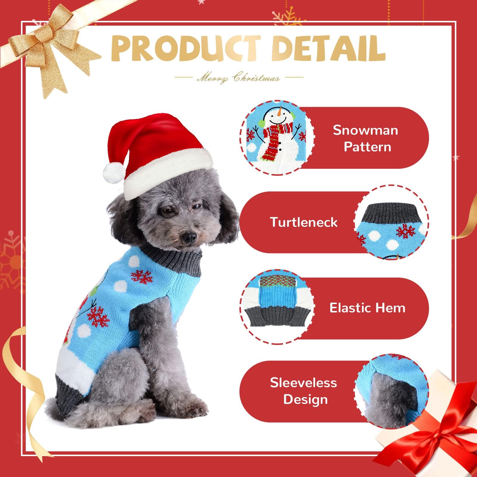 Hrttsy Christmas Dog Sweater Soft Warm Fall Winter Dog Clothes Cute Snowman Snowflake Xmas Knitwear Pet Costume Sleeveless Puppy
