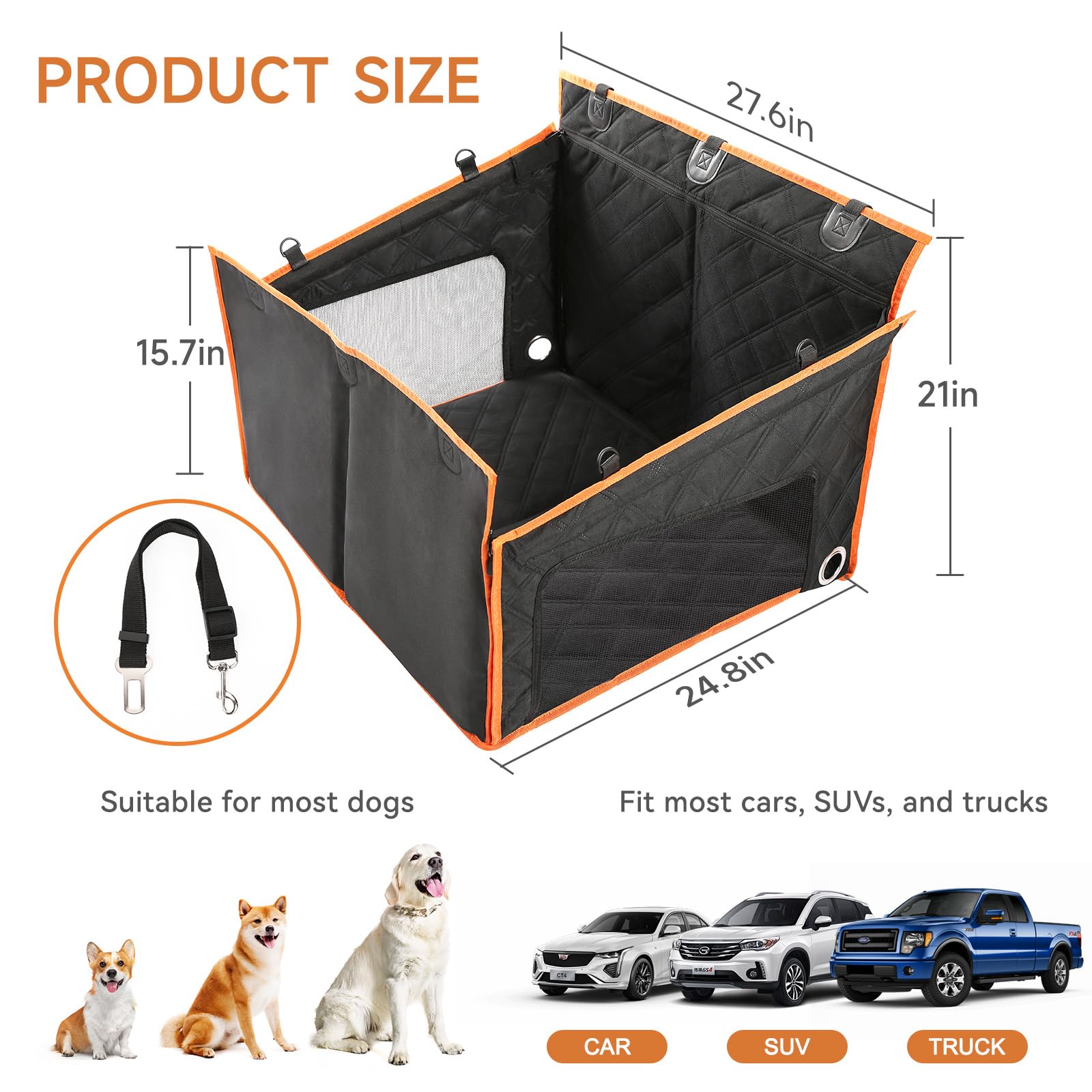 Petizer Dog Car Seat For Medium/Large Dogs, Hard Bottom Back Seat Extender For Dogs, Waterproof Dog Car Seat Cover For Back Seat