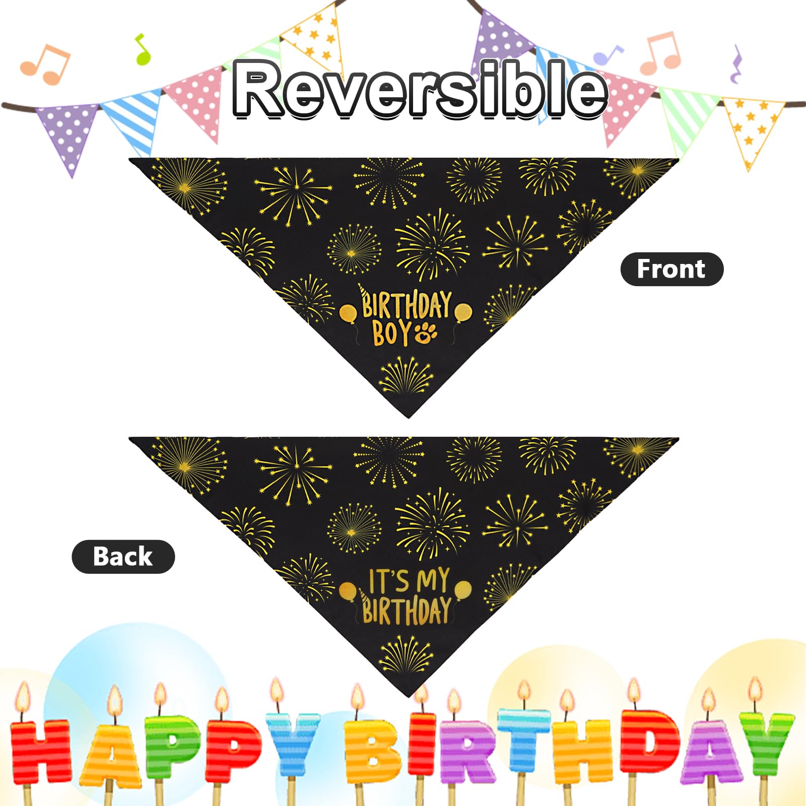 Ququle Dog Birthday Bandana Boy Black Xlarge 1Pcs, Durable Triangle Reversible Scarf Bibs Handkerchief For Puppy Pet