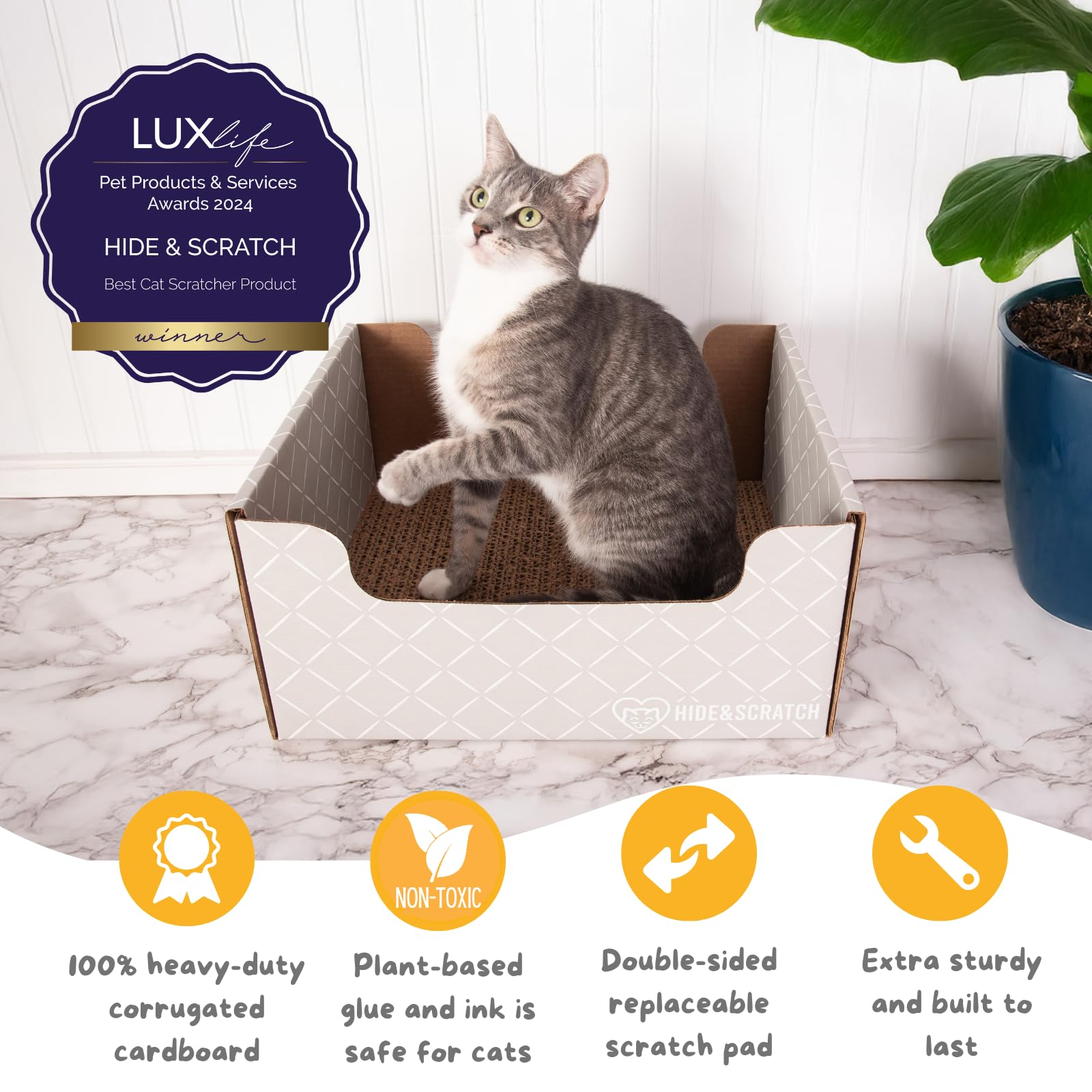 HIDE & SCRATCH Cardboard Cat Scratcher; Cat Scratcher Box and Bed with Refillable Double-Sided Cardboard Scratch Pad for Indoor