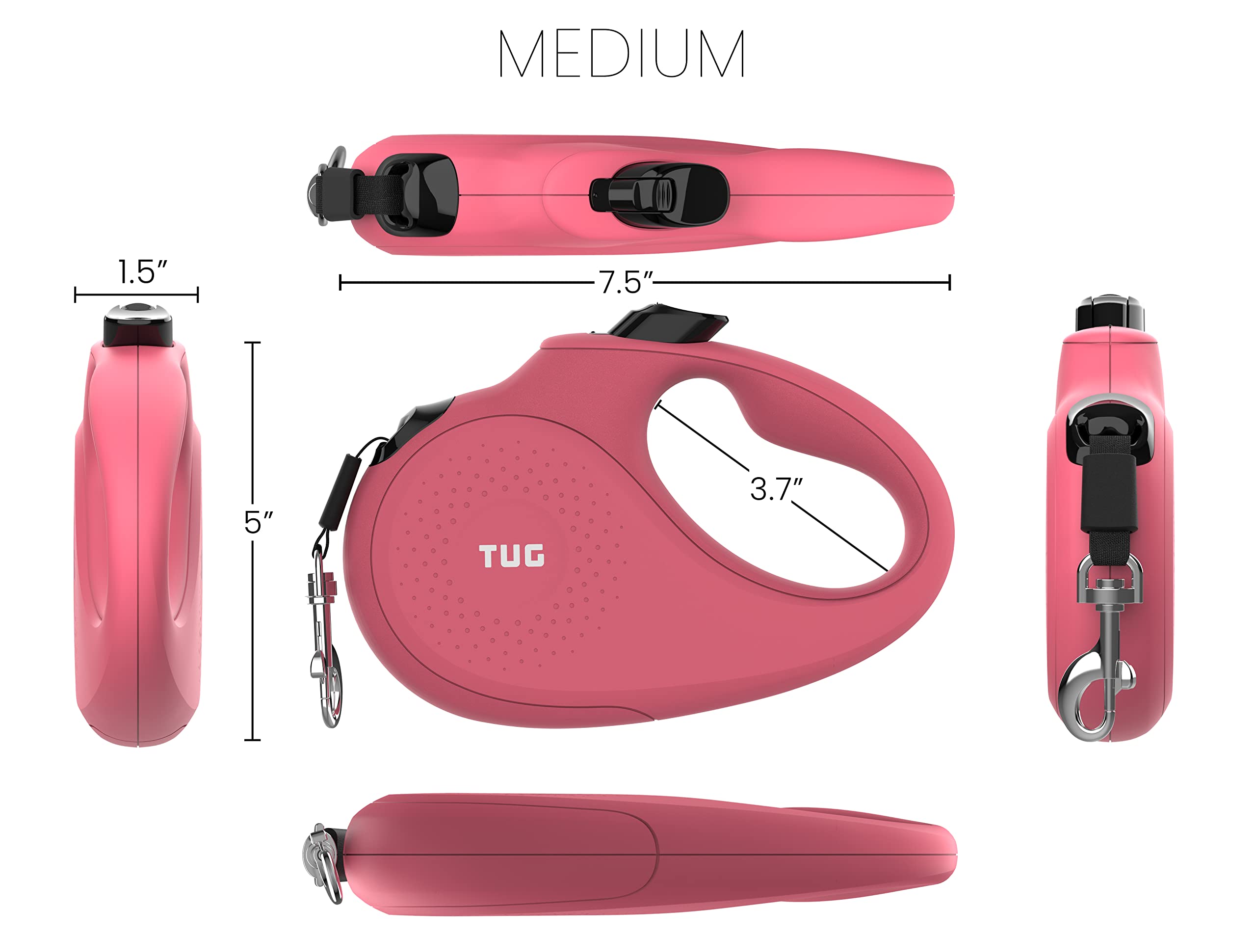 Tug Monochrome 360 Tangle-Free Retractable Dog Leash | 16 Ft Strong Nylon Tape (Medium, Pink)