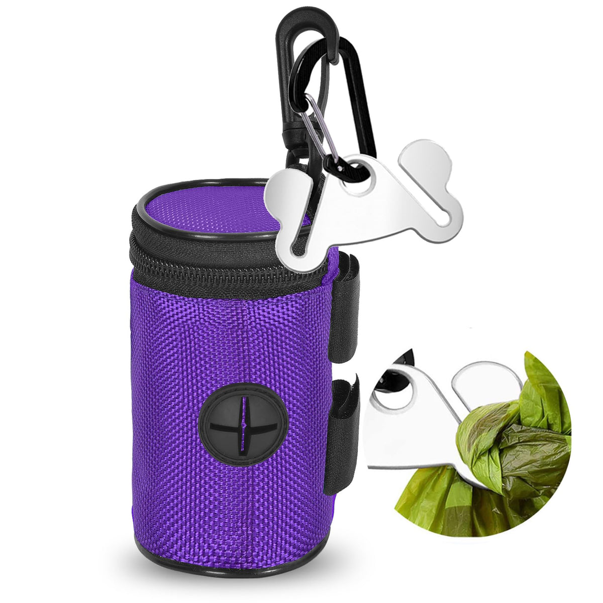 Dog Poop Bag Holder For Leash Attachment - Waste Bag Dispenser For Leash - Fits Any Dog Leash - Portable Set With Hand Free Holder Metal Carrier, Round Shape, Purple