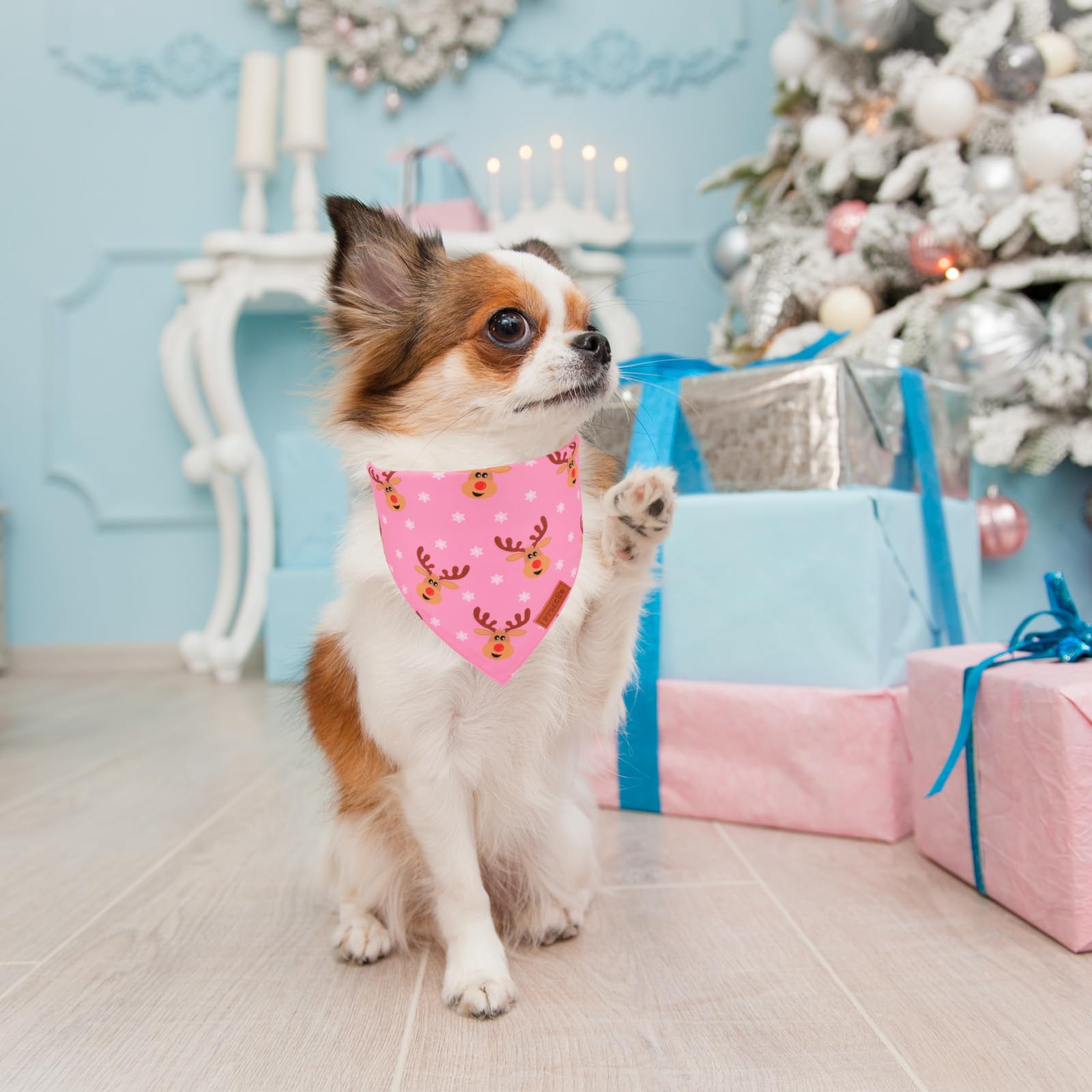 Ptdecor Christmas Dog Bandana,Xmas Pink Scarf Santa Deer Reversible Holiday Dog Scarf, Female Christmas Bandanas For Small Dogs