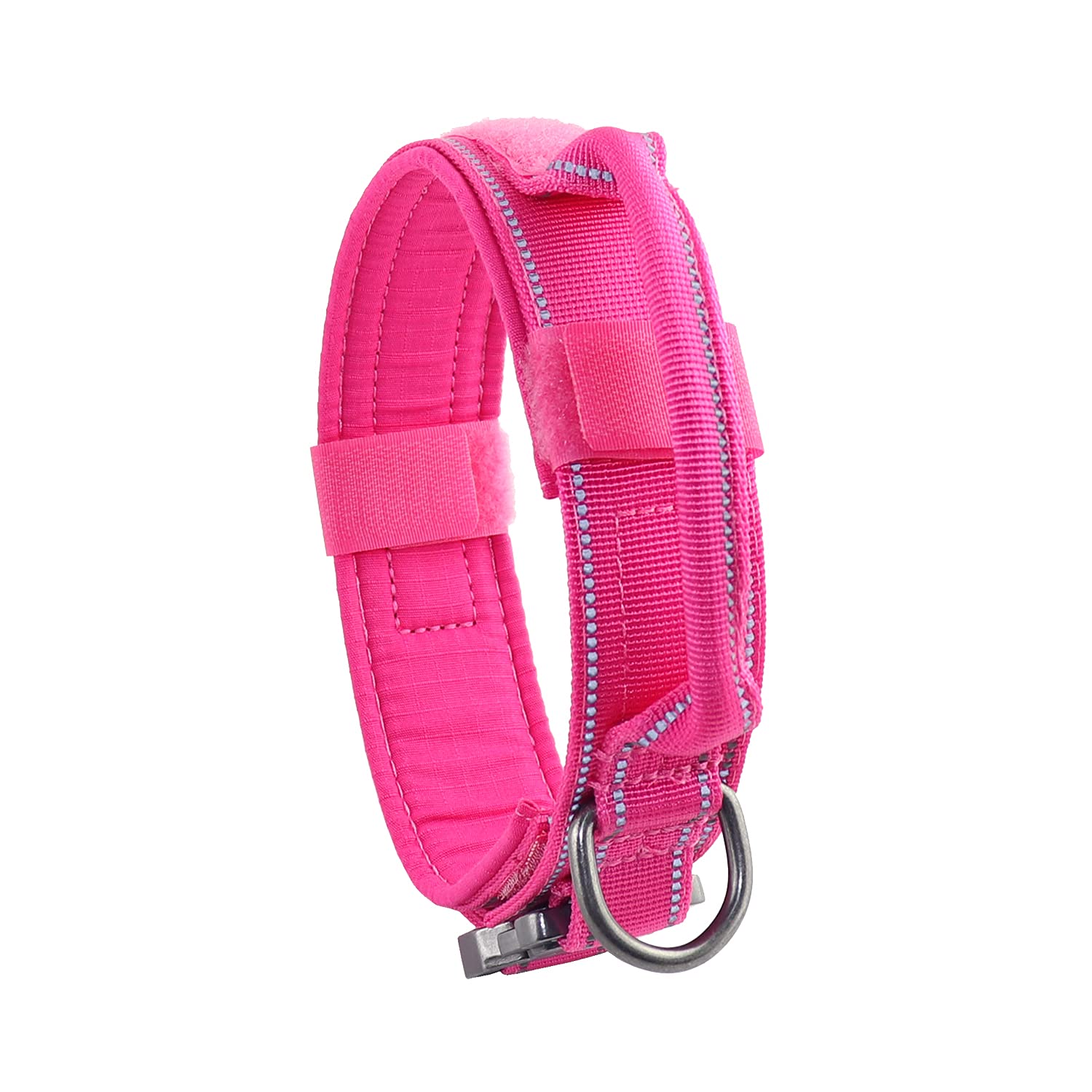 Yunleparks Tactical Dog Collar Reflective Nylon Dog Collar with Metal Buckle and Control Handle for Medium Large Dogs(Large,Pink