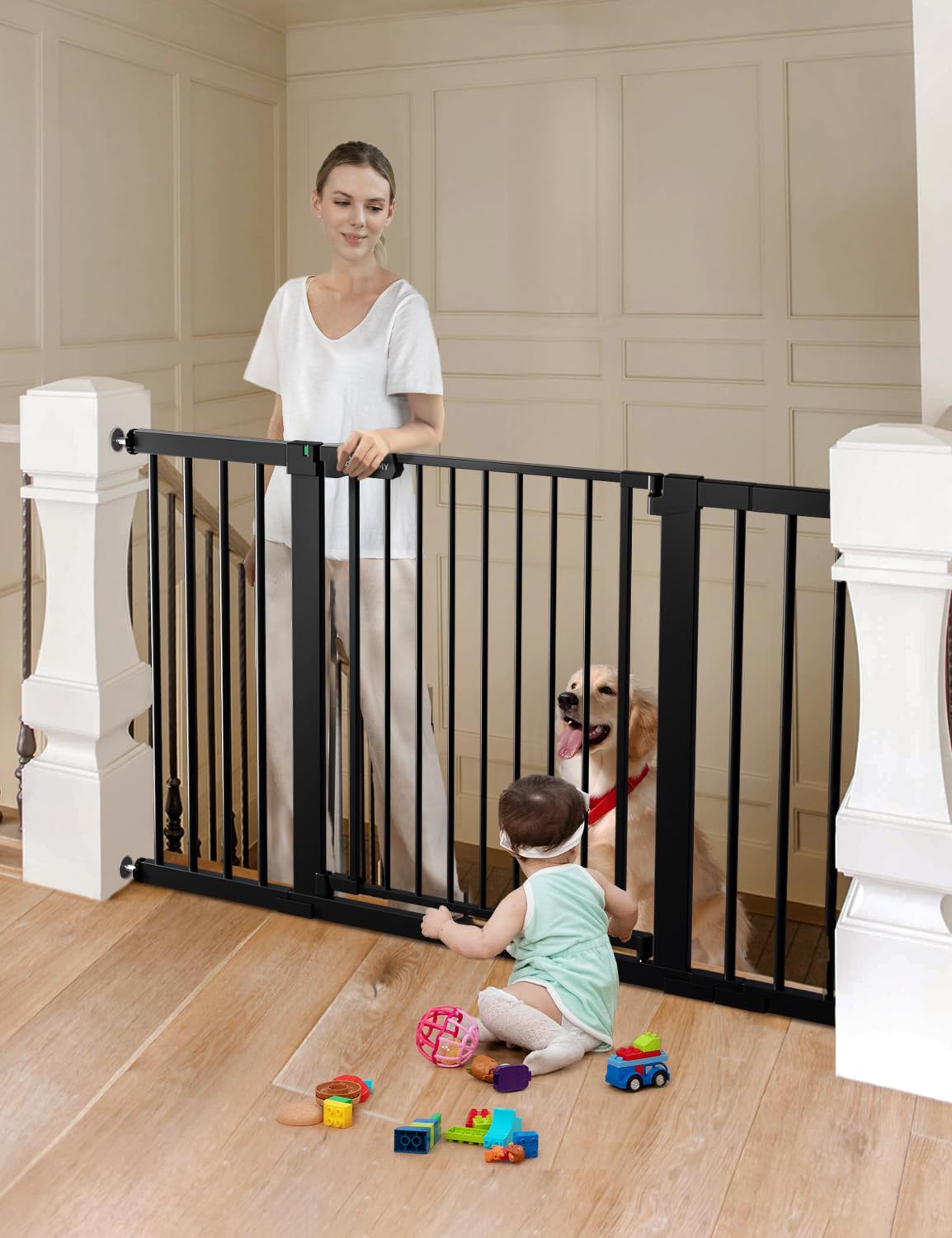 Comomy 30' Tall Baby Gate For Stairs Doorways, Fits Openings 29.5' To 51.6' Wide, Auto Close Extra Wide Dog Gate For House, Pressure Mounted Easy Walk Through Pet Gate With Door, Black