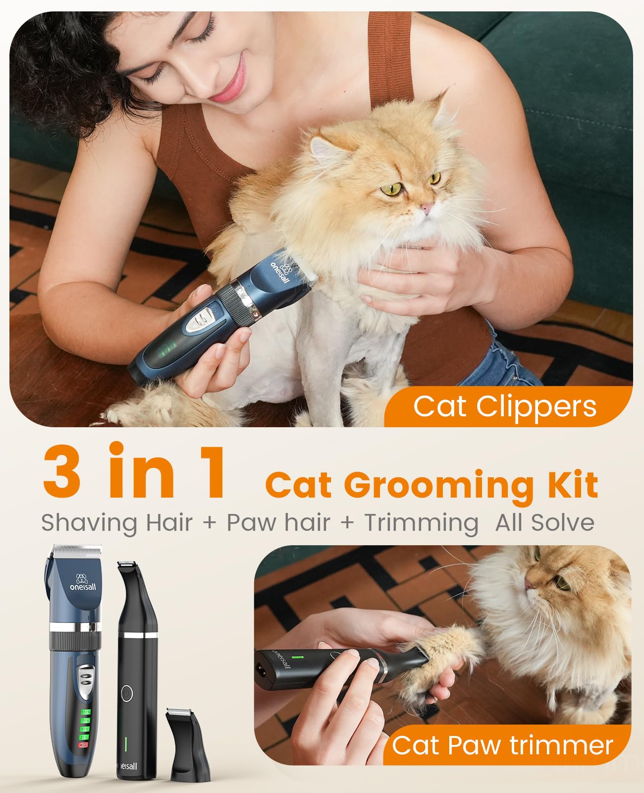oneisall Cat Grooming Kit - 3 in 1 Clippers & Paw Trimmer, Cordless, Ceramic & Titanium Blades, Navy & Black, Model X2N5