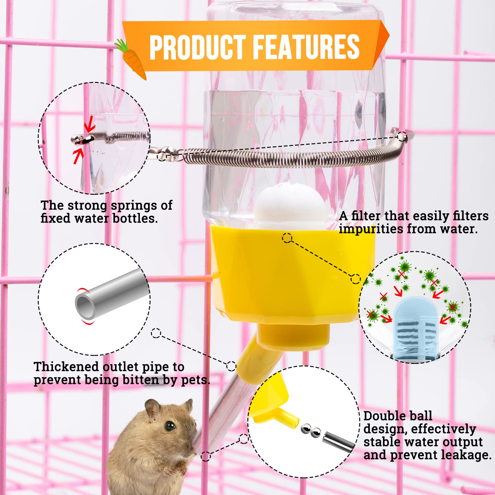 Sofyiali Guinea Pig Water Bottle, Rabbit Water Bottle No Drip, 250Ml Large Capacity With A Filter And A Spring Holder, Suitable