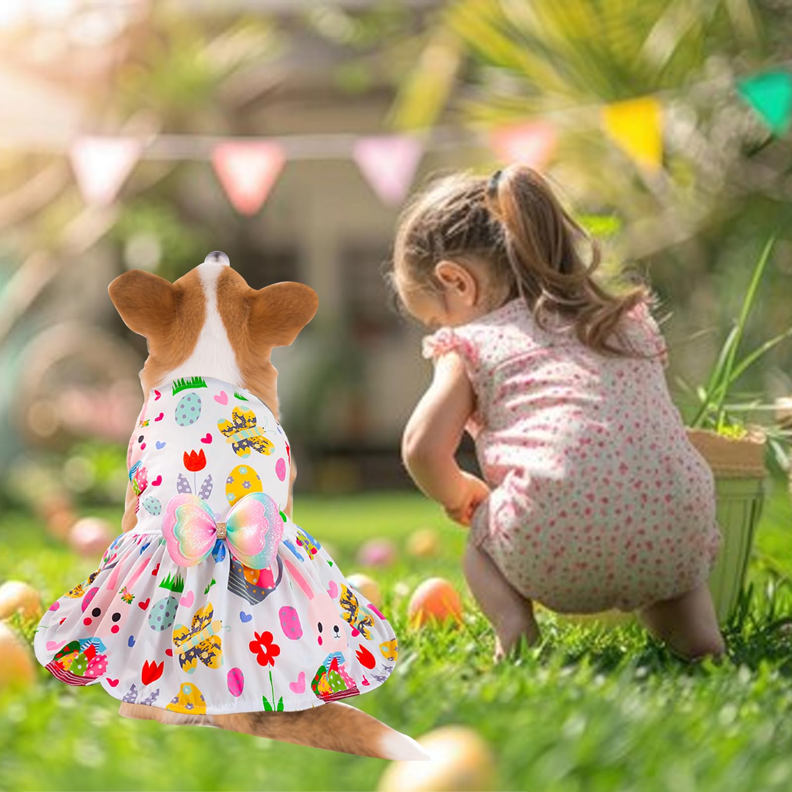 Easter Dog Costume Dress For Pets, Easter Bunny Pet Outfit Dogs Bow Clothes,White Puppy Skirt, Spring Dog Outfit,Size M (17.6-19