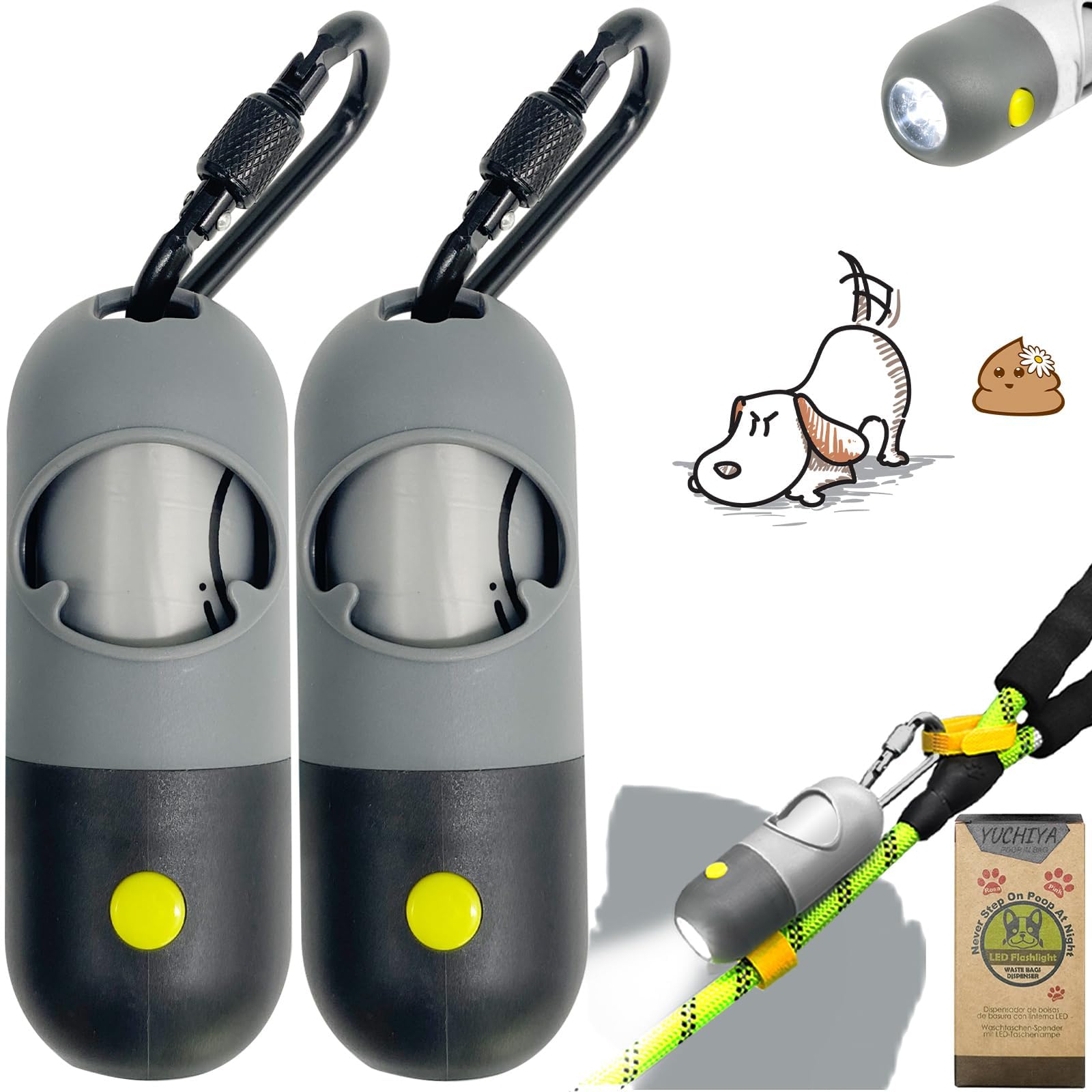 Dog Poop Waste Bags Holder With Led Flashlight|Cute Doggie Poo Bags Dispenser For Pet Leash|Trash Waste Bags Carrier With Potty Clip Fastener Lr44 Button Cells Included (Grey, 2 Holder 30 Bags)