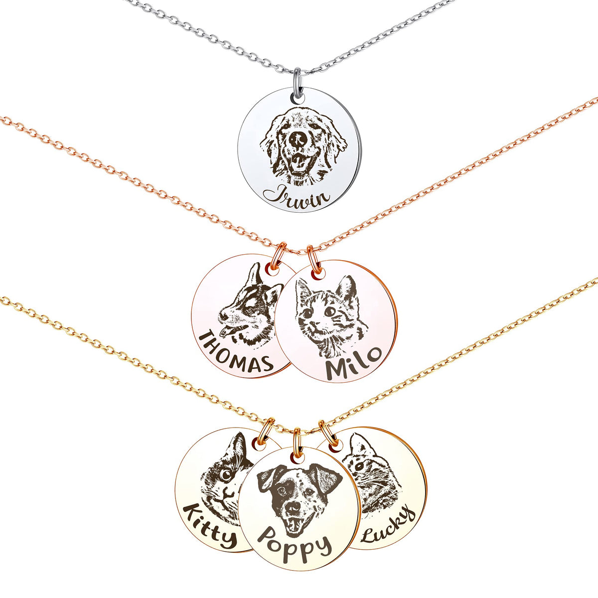 Anavia Personalized Pet Portrait Necklace, Handmade Pet Dog Cat Memorial Jewelry Gift, Customized Round Disc Photo Engraved Necklace Pet Gifts For Animal Lover Dog Mom(4 Disc, Gold)