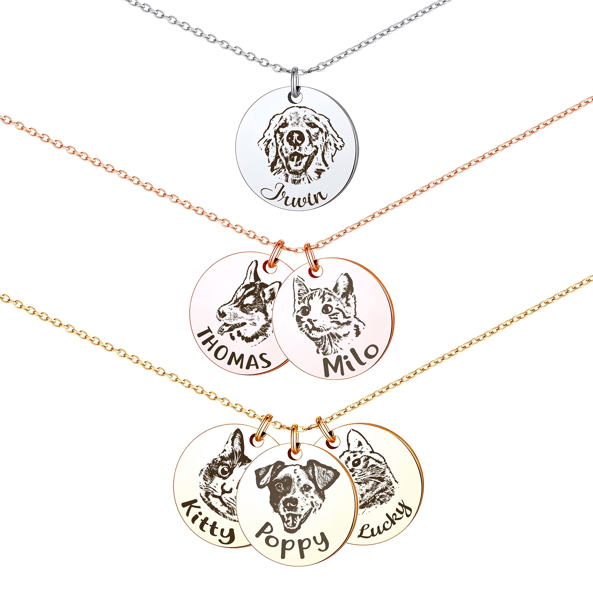 Anavia Personalized Pet Portrait Necklace, Handmade Dog Cat Memorial Jewelry Gift, Customized Round Disc Photo Engraved Necklace