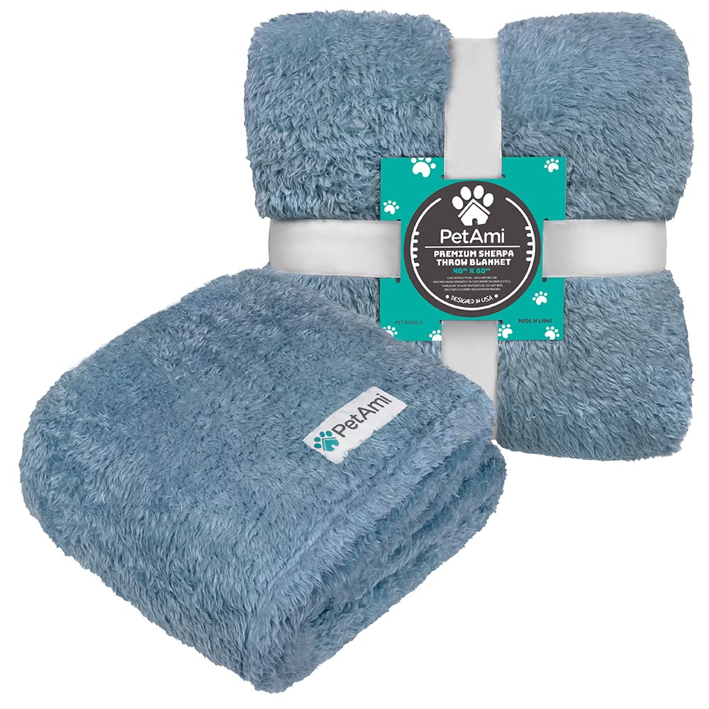 Petami Fluffy Dog Blanket For Medium Large Dog, Pet Blanket For Bed, Sherpa Furniture Couch Cover Protector, Soft Fleece Cat Sofa Throw, Shag Plush Reversible Washable For Puppy Kitten, Blue 40X60