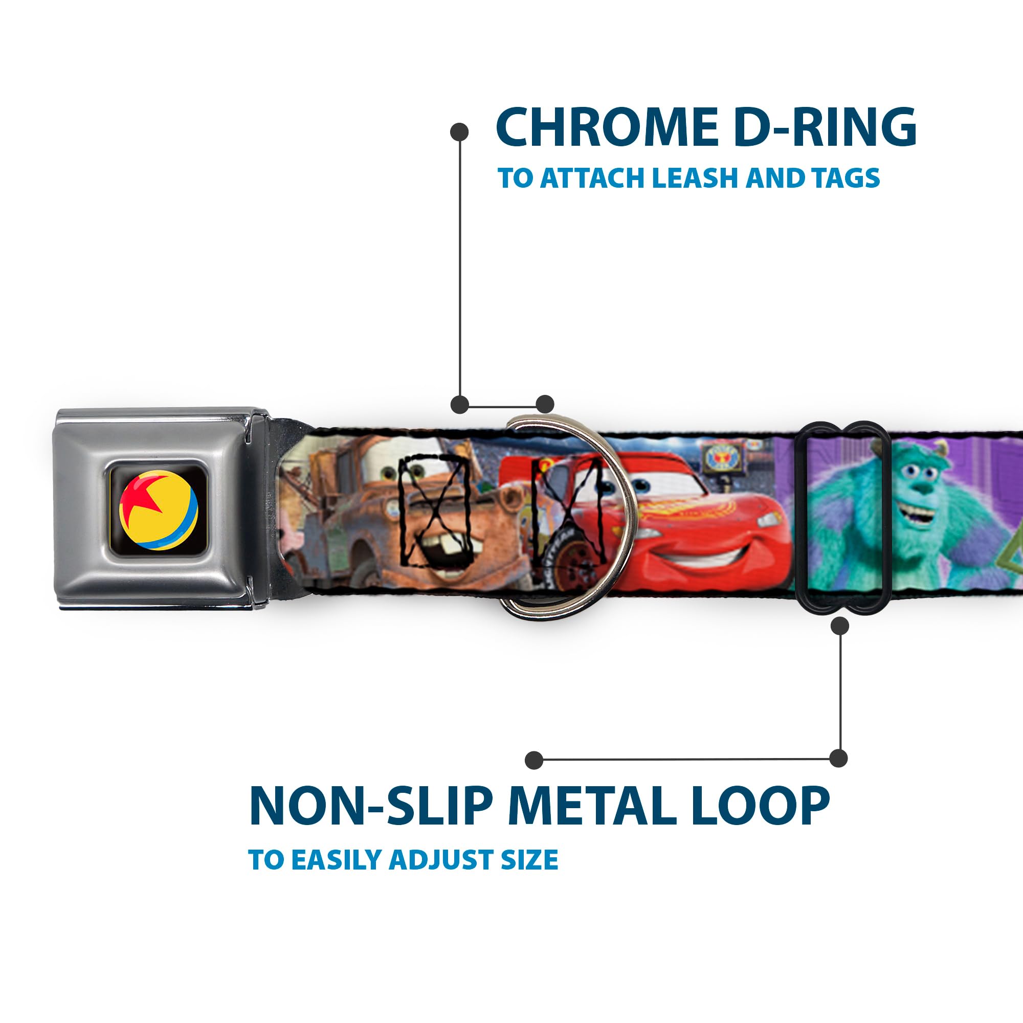 Dog Collar Seatbelt Buckle Disney Pixar 7 Movie Character Collage 13 To 18 Inches 1.5 Inch Wide