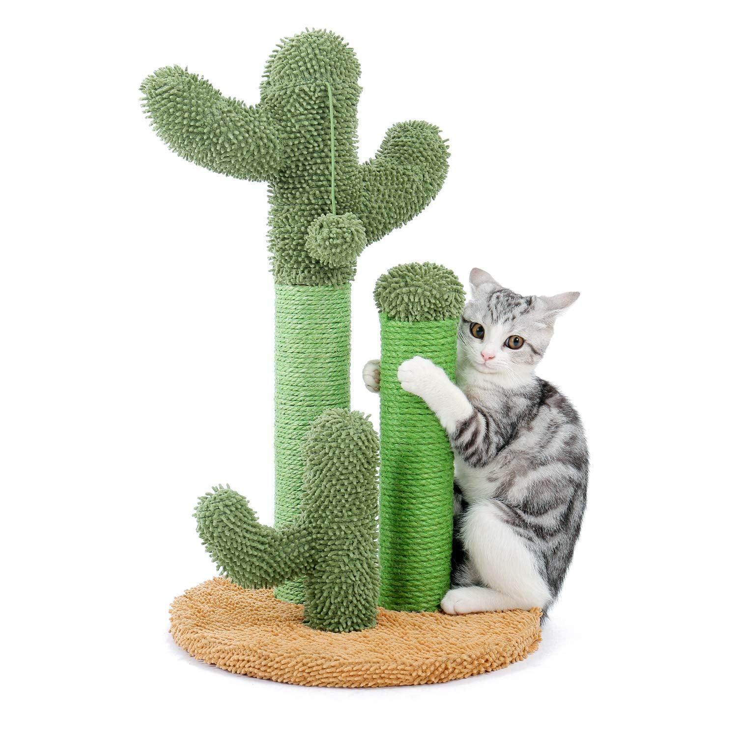 Pawz Road Cat Scratching Post Cactus Cat Scratcher Featuring With 3 Scratching Poles And Interactive Dangling Ball -Medium 23 Inches