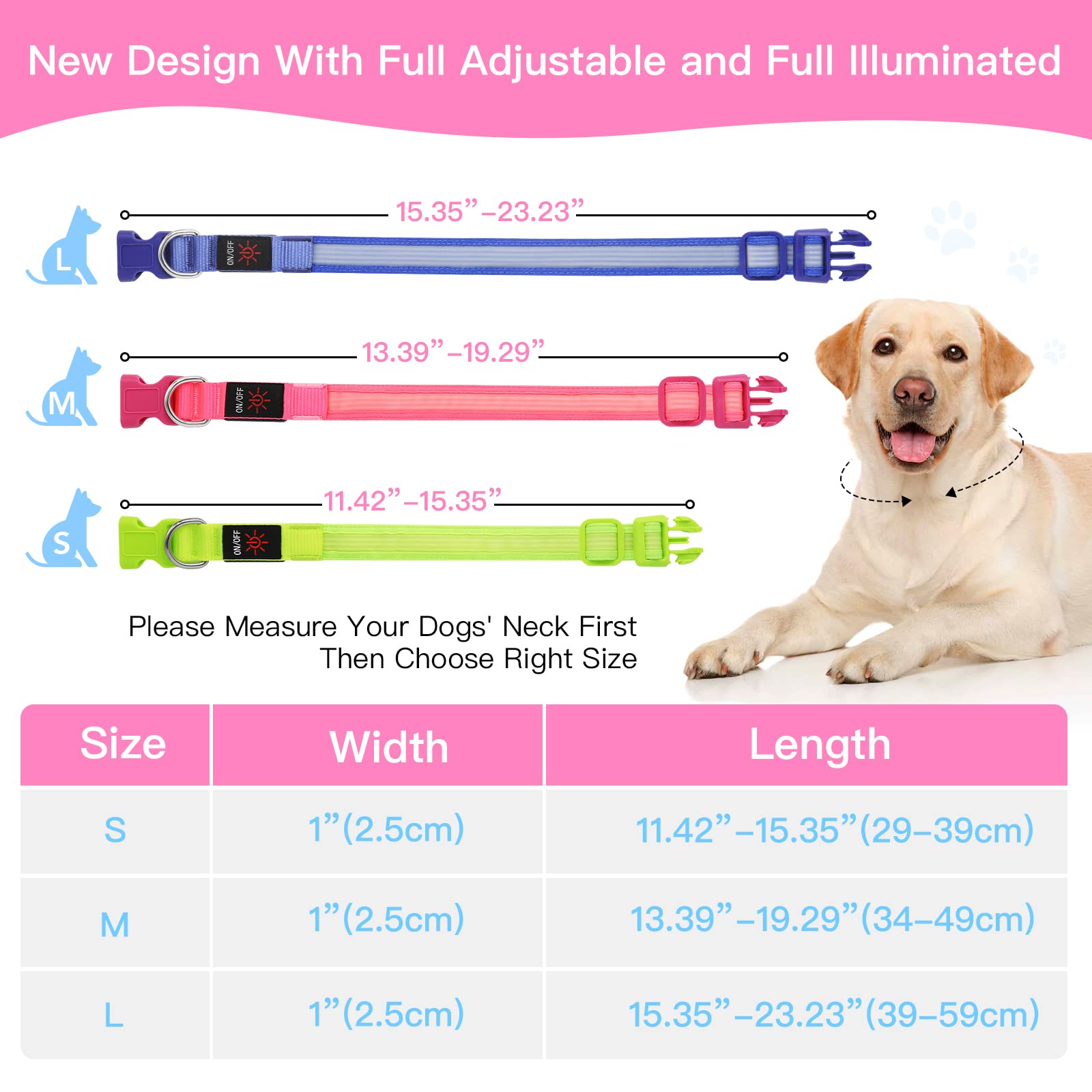 Yfbrite Light Up Dog Collar, Full Illuminated Christmas Dog Collar Light, Full Adjustable Rechargeable Led Dog Collar, Bright Do