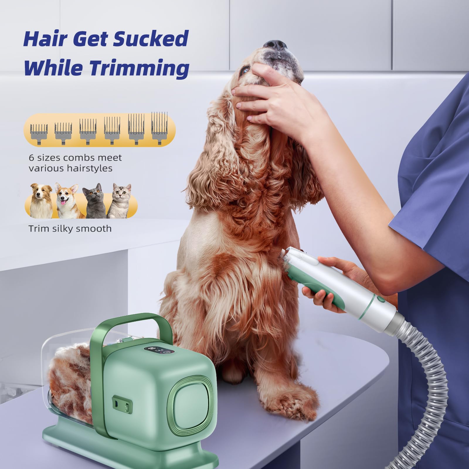 buenkee Dog Grooming Kit with Pet Grooming Vacuum, Dog Clipper, Pet Grooming Shedding Brush, Cleaning Tool in 1, Low Noise Dog V