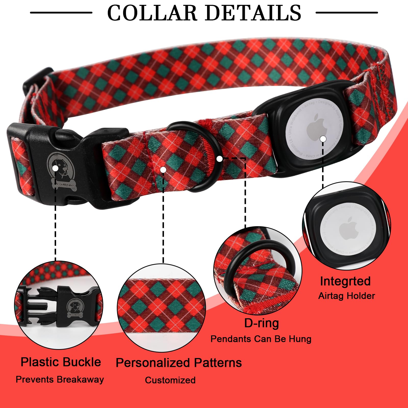 Christmas Dog Collar With Apple Airtag Holder Mr.Chubbyface Red And Green Plaid Dog Collar For Small Medium Large Boy Girl Dogs