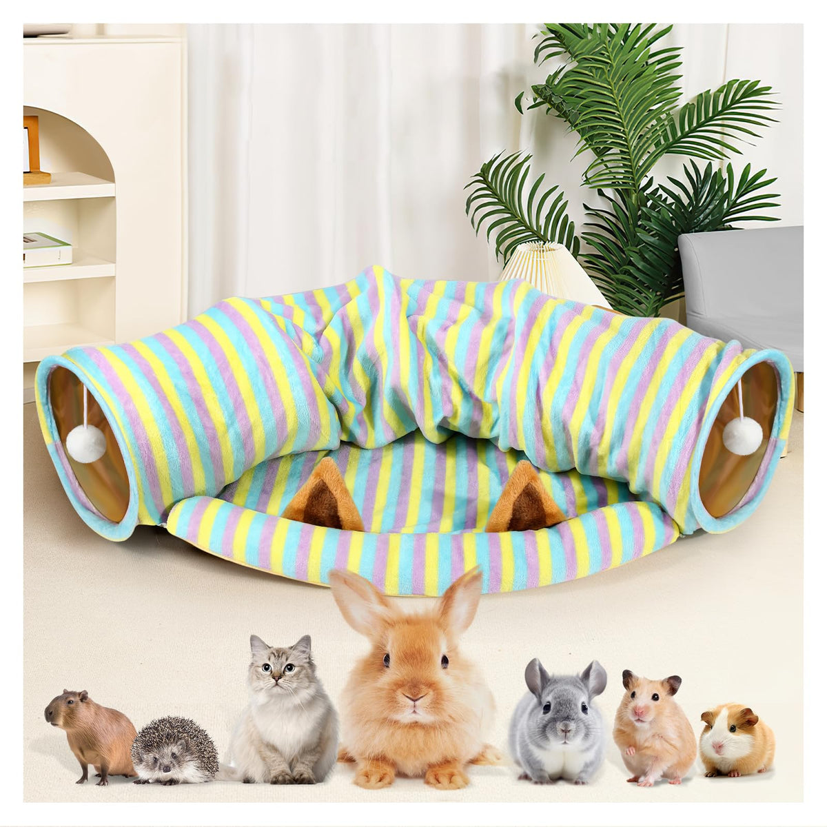WEEKSUN Bunny Tunnel Bed, Collapsible Tunnel Tubes,Bunny Toys with Removable Mat, Guinea Pig Houses and Hideouts, for Cats Kitte
