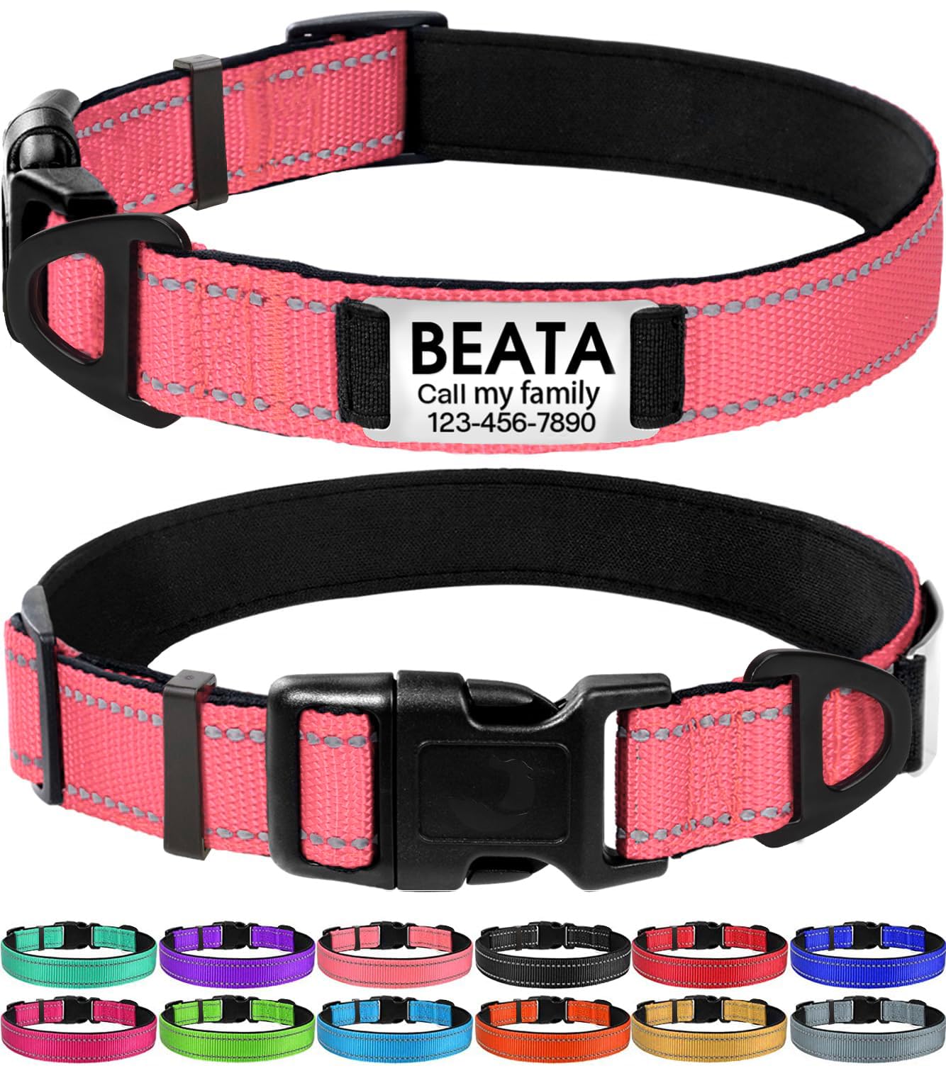 Joytale Personalized Dog Collars, Reflective Nylon Dog Collar With Engraved Name Plate, Customized For Small Dogs, Pink, S