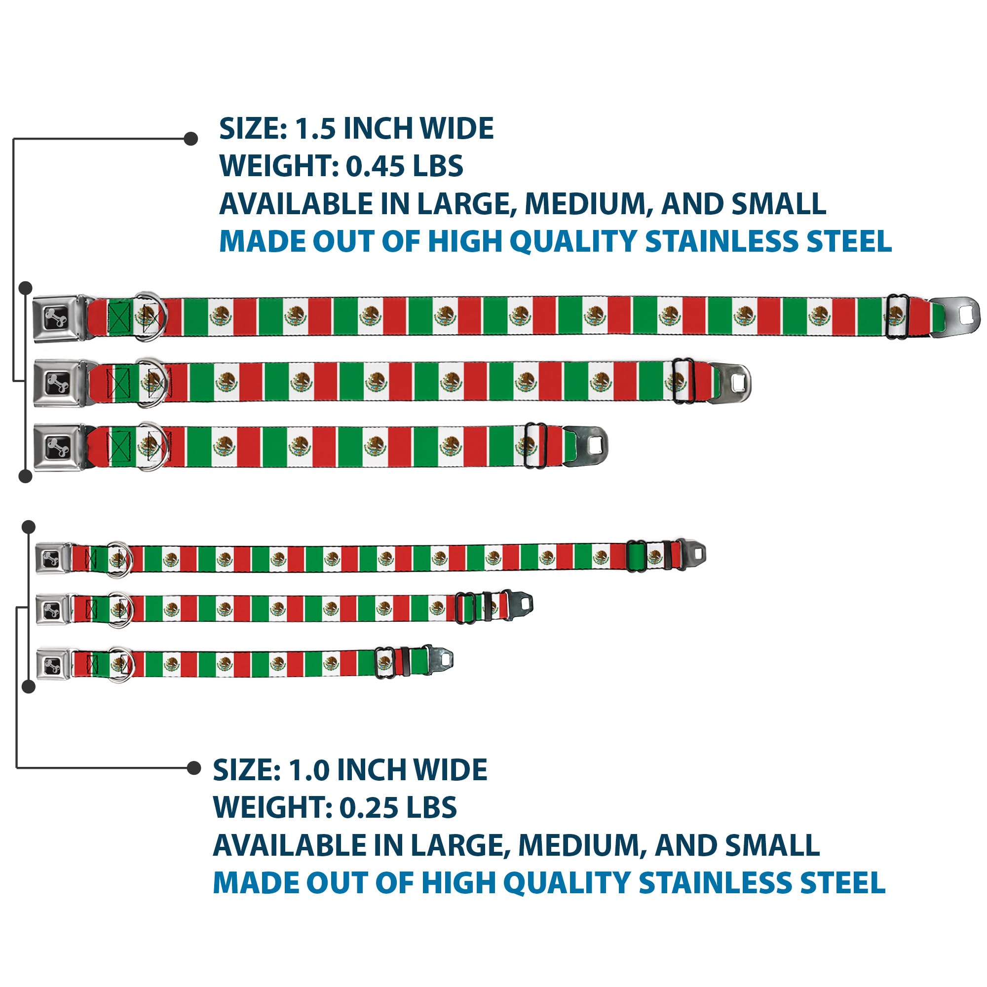Buckle-Down Seatbelt Buckle Dog Collar - Mexico Flags - 1'' Wide - Fits 11-17'' Neck - Medium