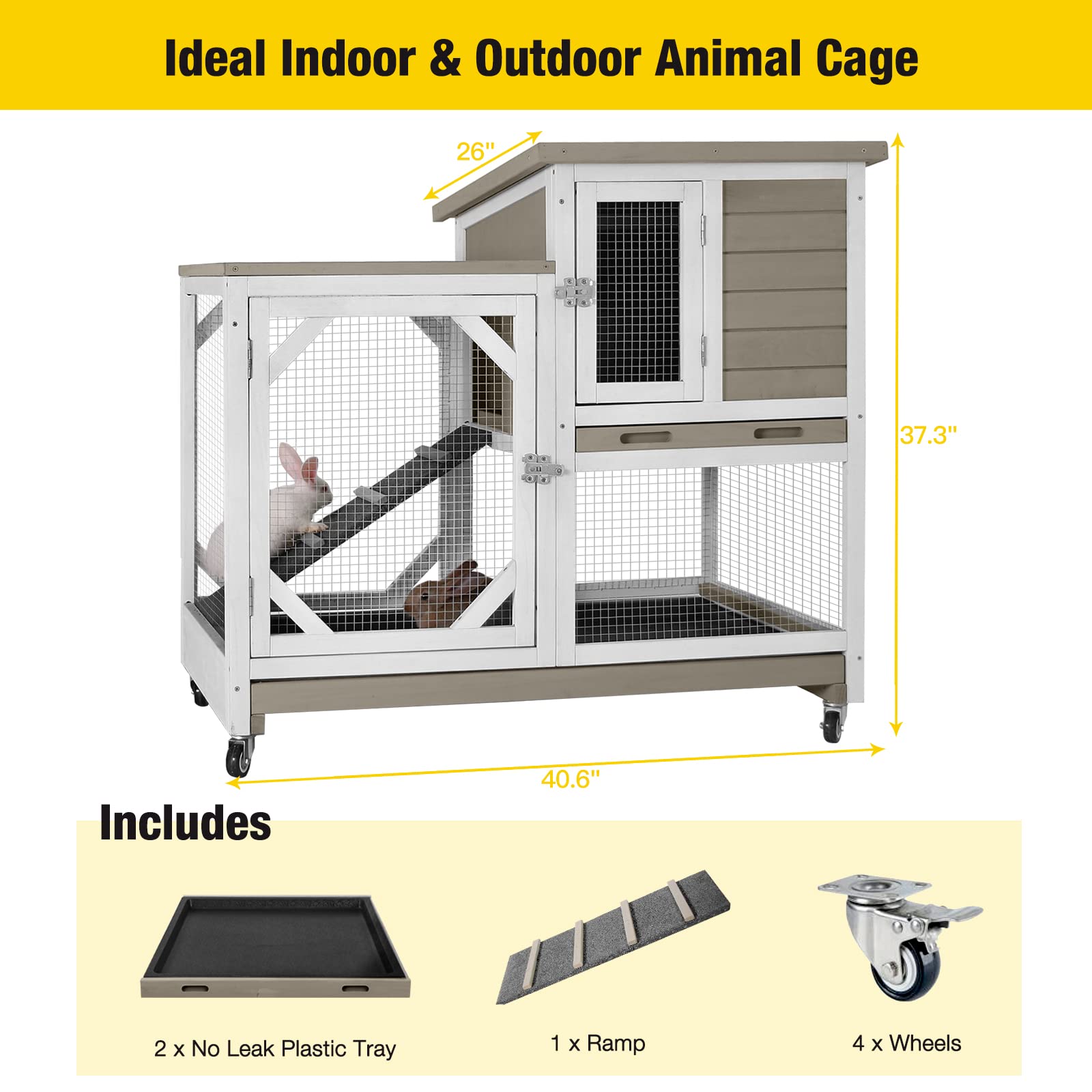 Rabbit Hutch Cage Outdoor And Indoor Bunny Hutch On Wheels With Two Deeper No Leak Trays, Guinea Pig Cages Rabbit House (Matcha