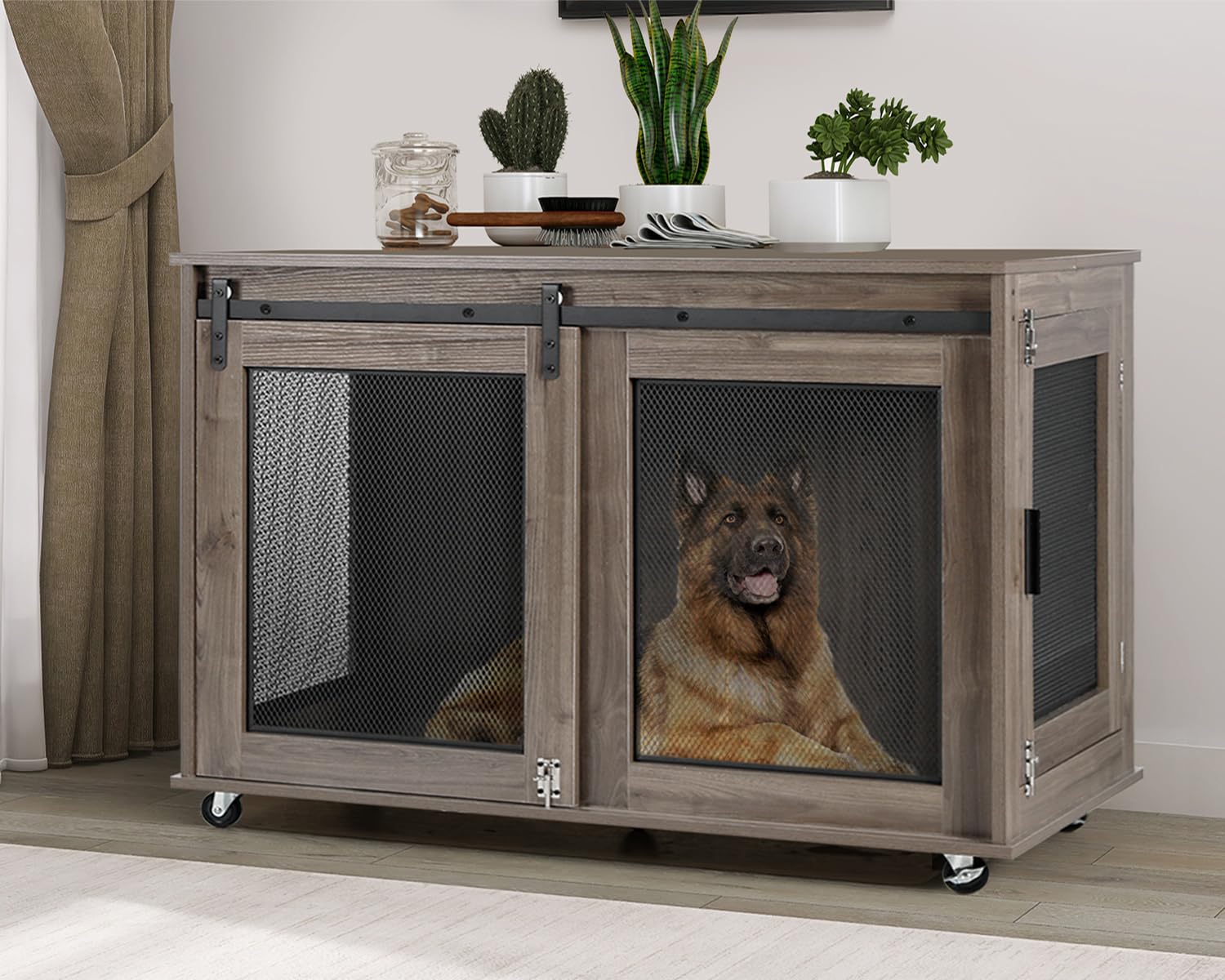 LINLUX 47 Inch XL Dog Crate Furniture, Wooden Heavy Duty Dog Kennel Indoor, Decorative Dog Cage Table for Extra Large Dogs, with