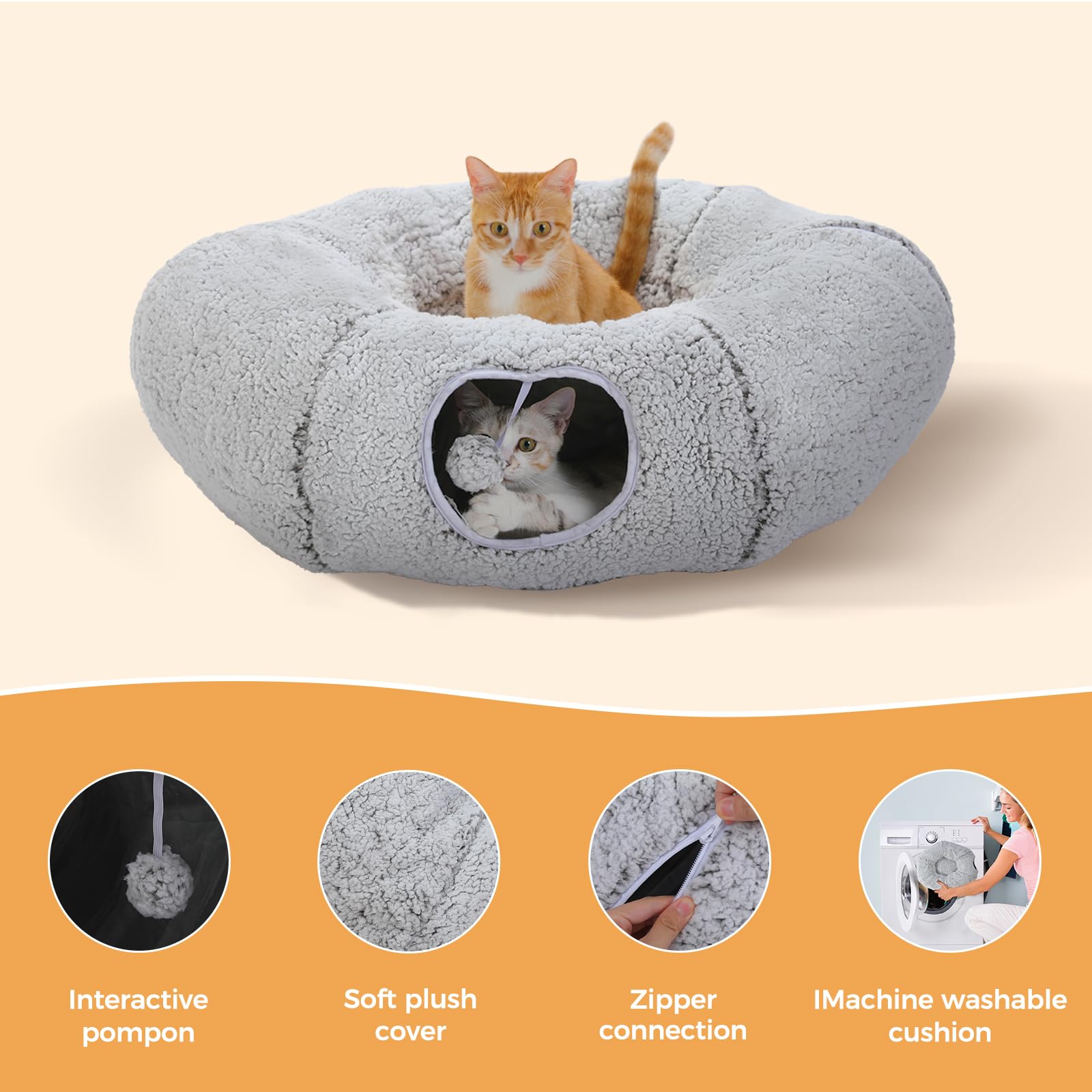 Pequlti Cat Tunnel With Bed For Indoor Cats, Cat Play Donut Tunnel With Washable Soft Plush Mat, Round Cat Tunnel Toys Cute Cat