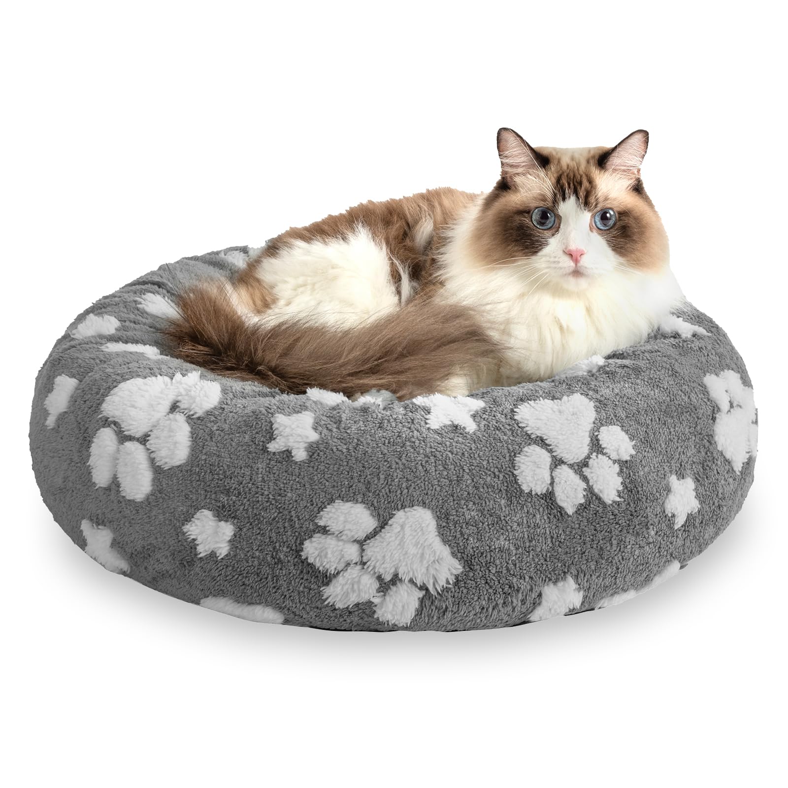Yaning Donut Dog Beds For Small Dogs, Calming Round Cat Beds For Indoor Cats, Cute 3D Textured Paw Pet Bed With Removable Washab