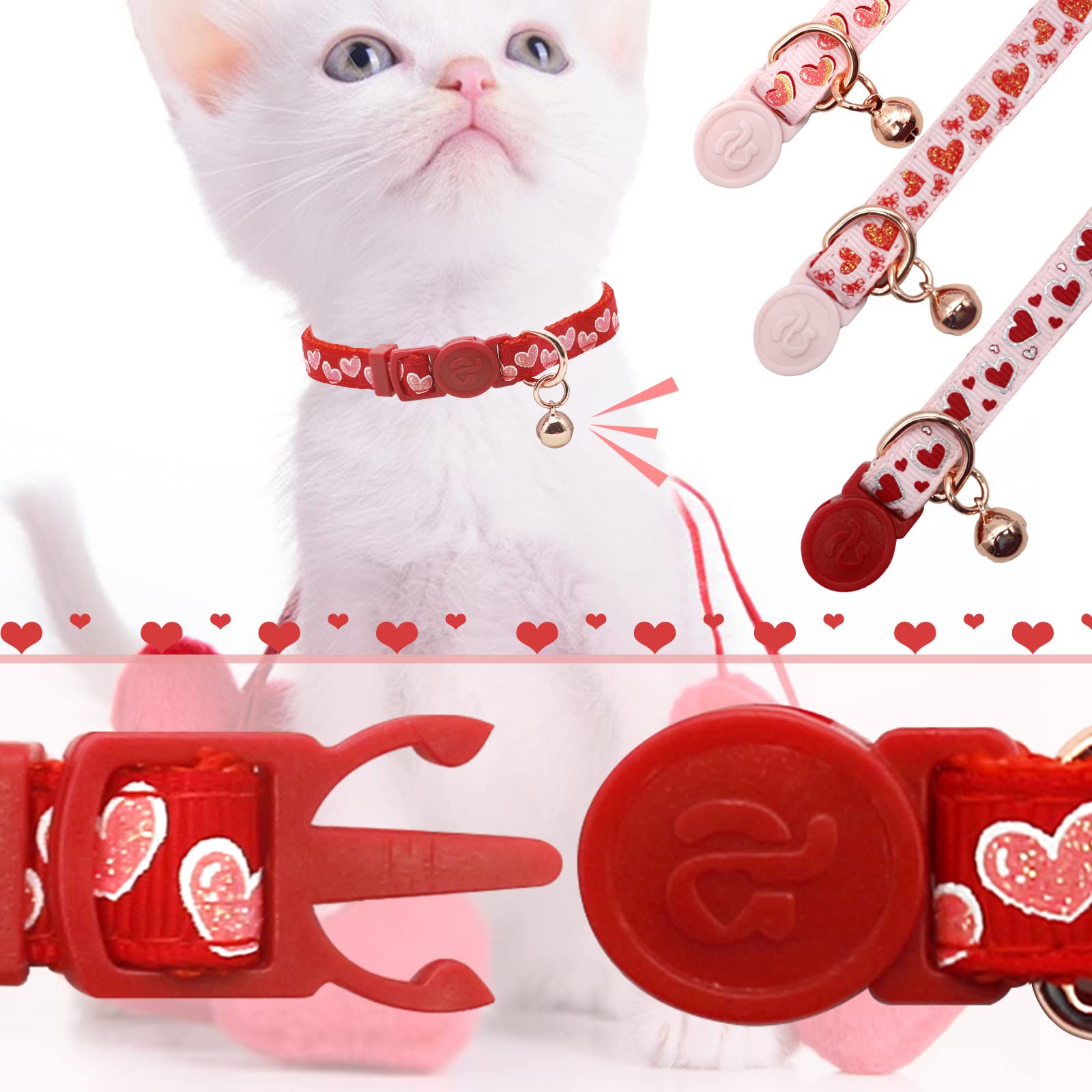 azuza 4 Pack Valentines Kitten Collar with Bell Valentines Day Breakaway Kitten Collars with Cute Heart Pattern Adjustable Size