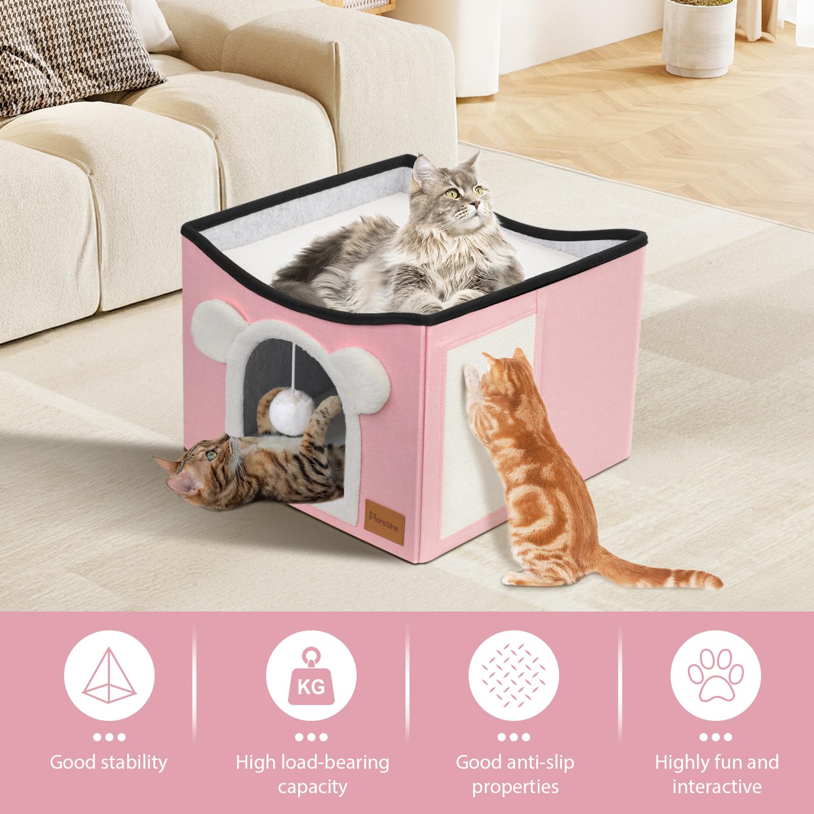 Persure Cat House Cat Beds For Indoor Cats Large Foldable Multifunction Cat Cave For Pet With Hover Ball And Scratching Board(Pi