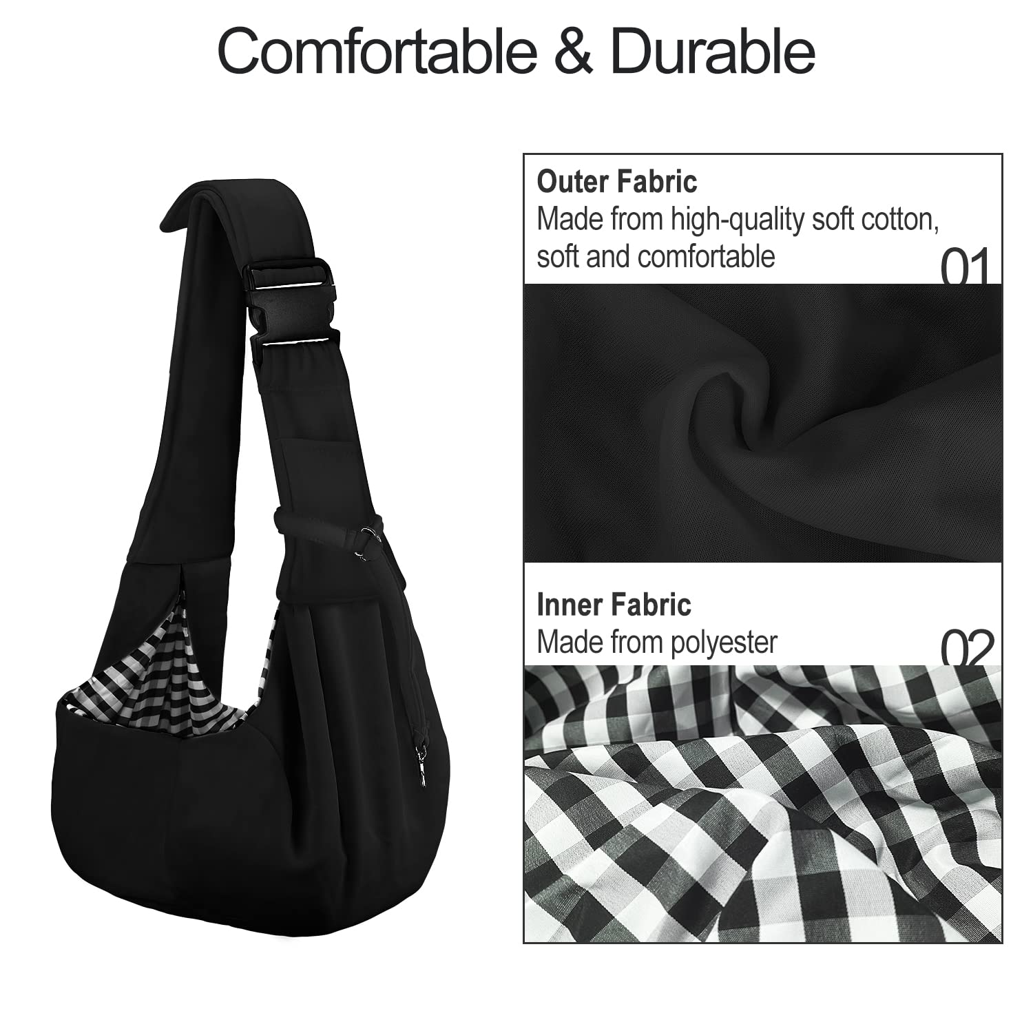 PETLOFT Reversible Dog Cat Sling Carrier - Adjustable Hands-Free Crossbody for Pets up to 11lb, Black, 21L x 9.1W x 8.3H