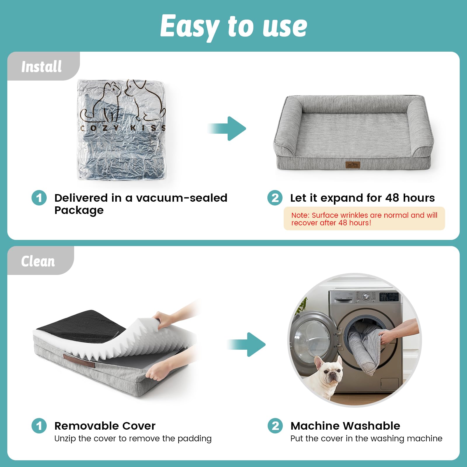 COZY KISS Cooling Dog Bed, Orthopedic Foam Dog Bed with Sides, Removable Washable Cover & Waterproof Lining and Nonskid Bottom,