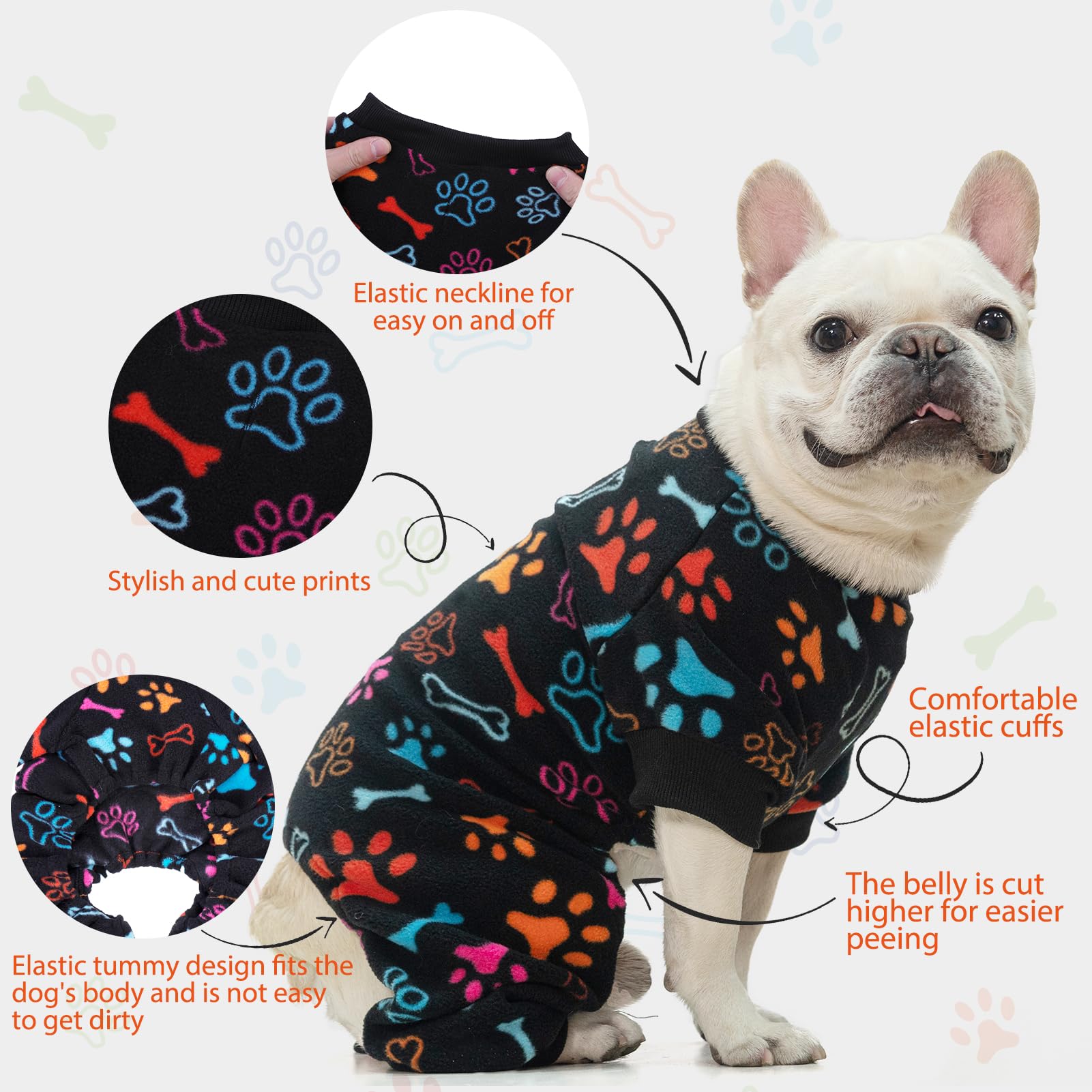 Scenereal Fleece Dog Pajamas For Small Medium Large Dogs, Warm Soft Puppy Jumpsuit, Adorable Bones Paw Print Pet Sweaters Clothe