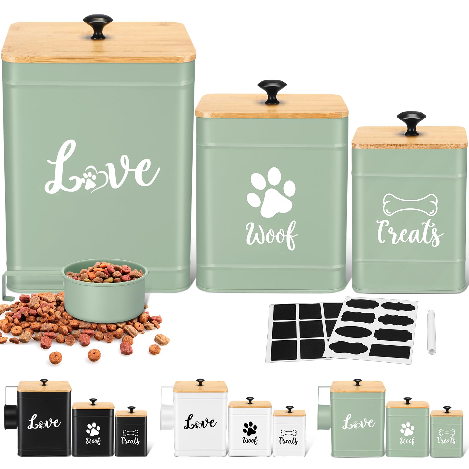 Jingmore Metal Dog Treat Containers Set of 3 with Bamboo Lids and Spoon Airtight 7+3+2 lbs Dog Food Snack Jars with DIY Labels B