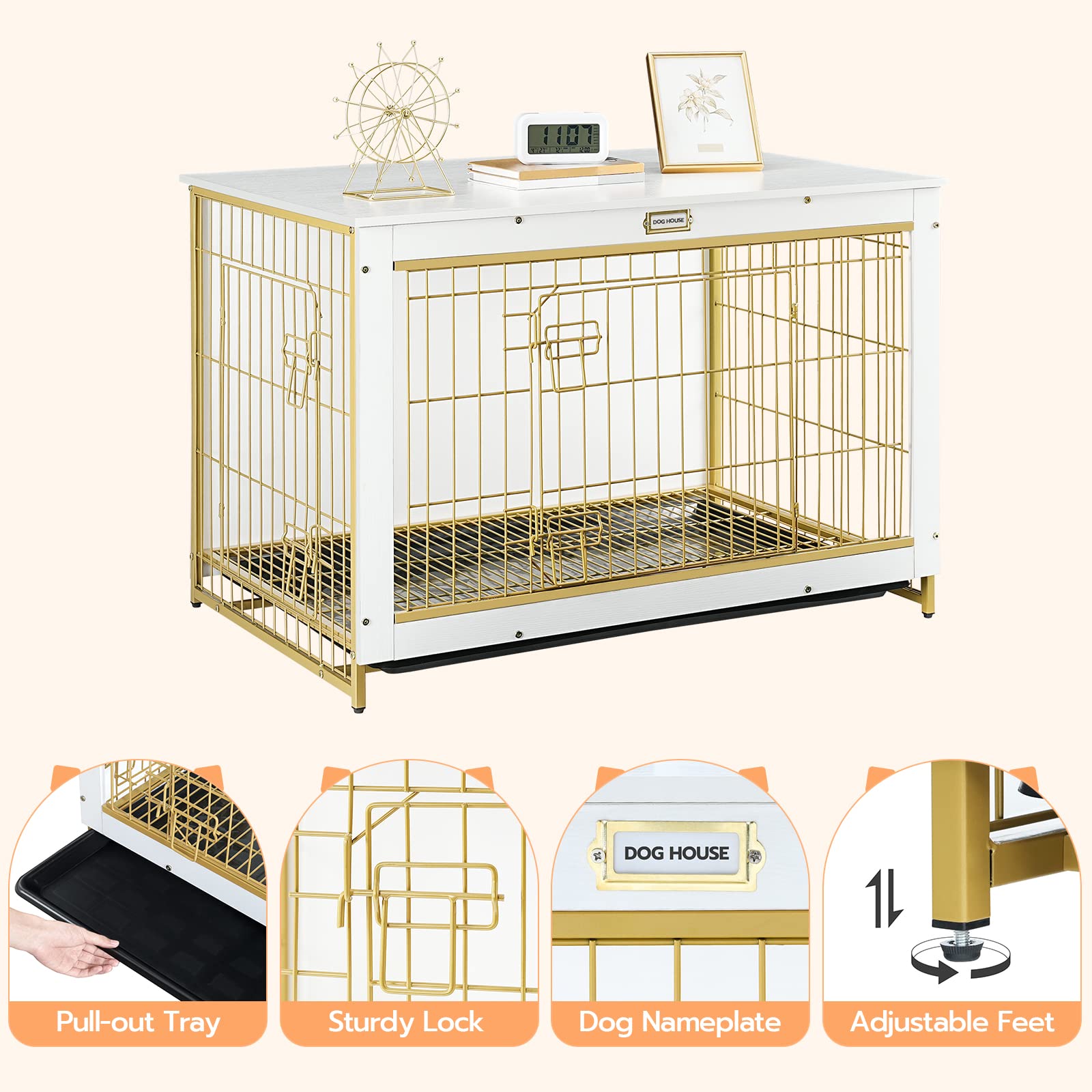 HOOBRO Dog Crate Furniture, 38.6 Large Dog Kennel Indoor, Wooden Cage with Pull-Out Tray, Double Doors Pet House Side End Table