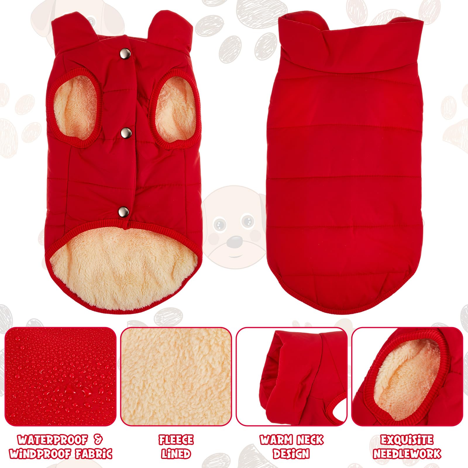 Syhood 2 Pieces Dog Jacket 2 Layers Fleece Lined Dog Jacket Warm Soft Windproof Small Pet Coat For Winter Cold Weather(Large,Red