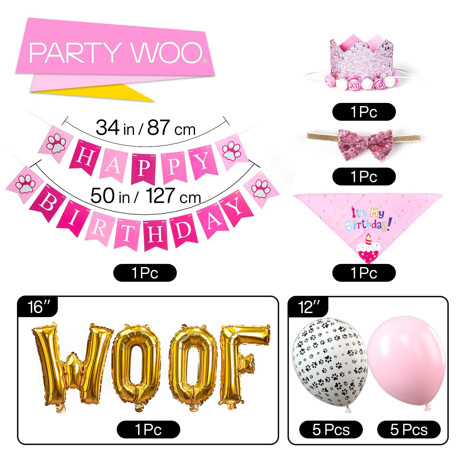 Partywoo Dog Birthday Party Supplies, Dog Birthday Bandana, Birthday Hat, Birthday Banner, Dog Balloons, 15 Pcs Pink Dog Party Decorations, Party Supplies, Dog Birthday For Small Medium Dogs Pet