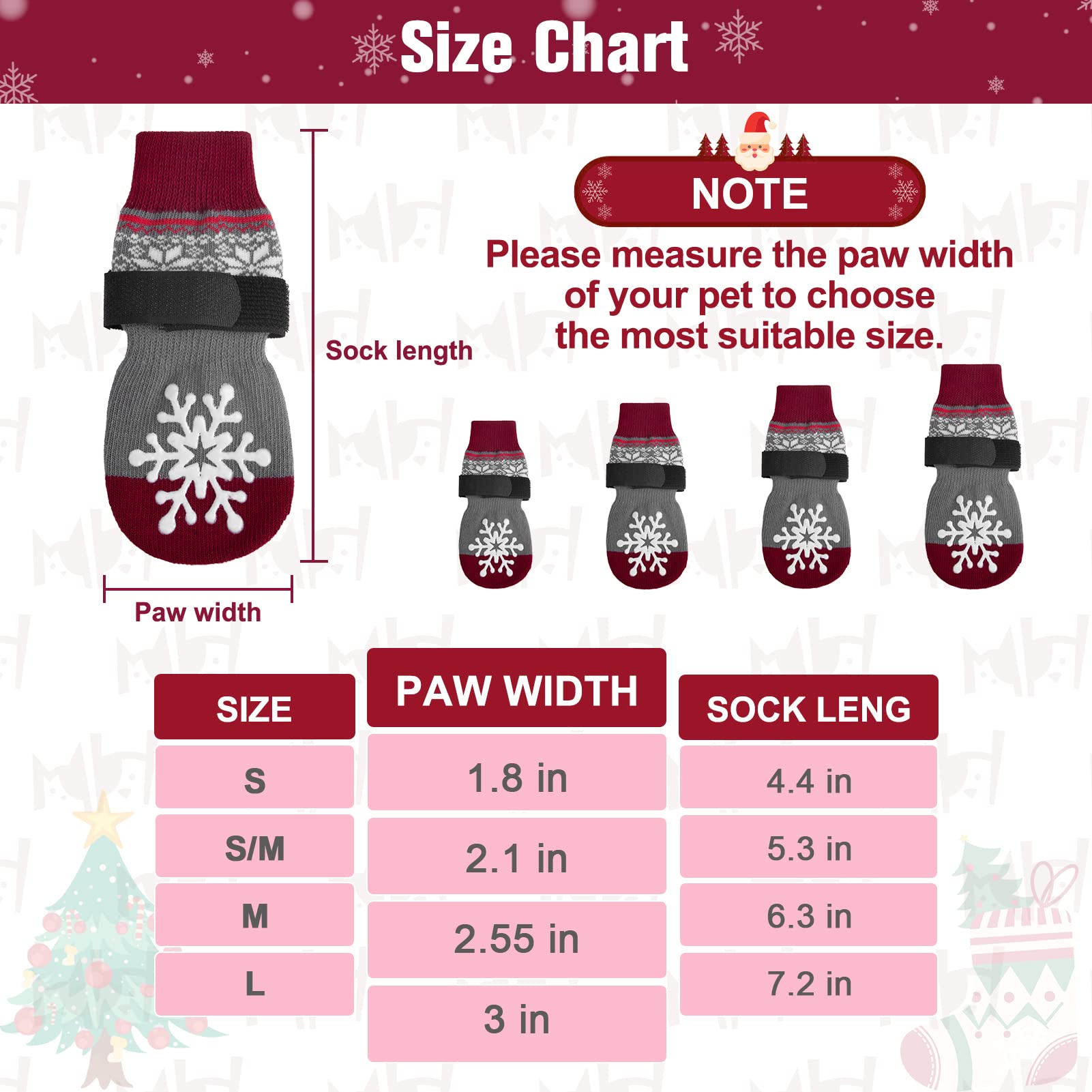Beautyzoo Christmas Winter Anti-Slip Dog Socks With Grips Traction Control For Small Medium Large Dogs, Non Skid Indoor Double S