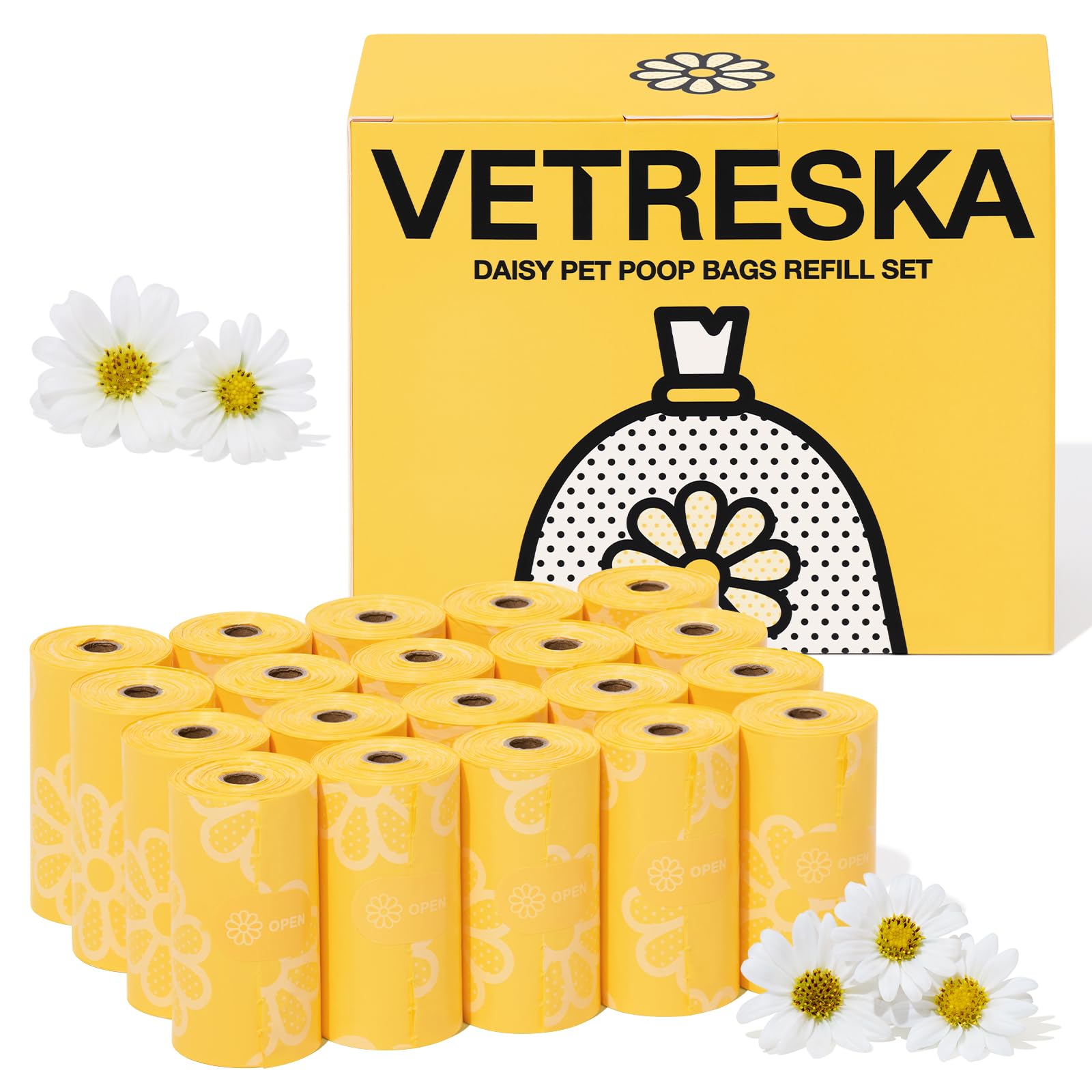 Vetreska Dog Poop Bag Rolls Daisy Scented Leak-Proof Pet Waste Bags Thick And Large Trash Bags For Dog Walking 20 Refill Rolls 3