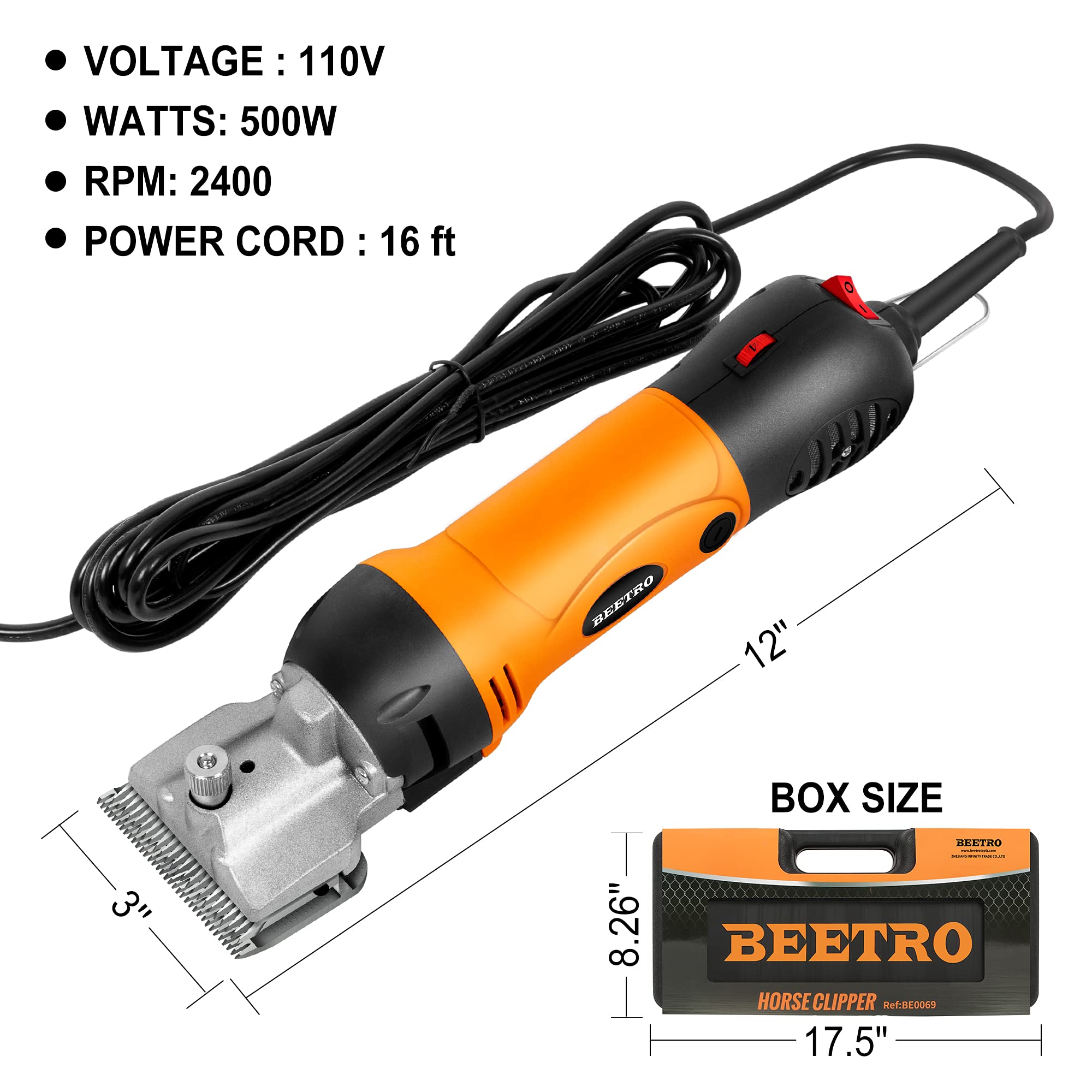 Beetro 500W Electric Professional Horse Shears, 6 Speeds Animal Grooming Clippers For Horse Equine Goat Pony Cattle, With An Ext