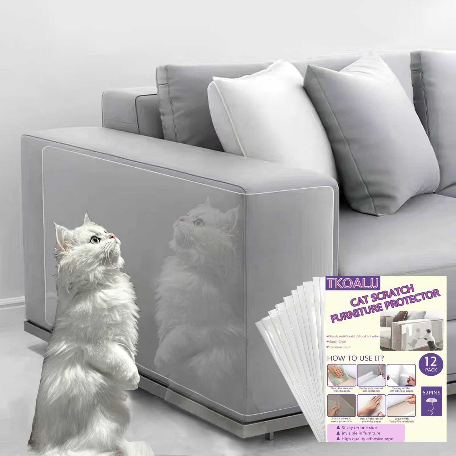 Cat Scratch Furniture Protector - 12PCS Sticky-Backed Pet-Proof Corner Guards for Sofa, Bed & Doors | Clear Cover to Stop Scratc